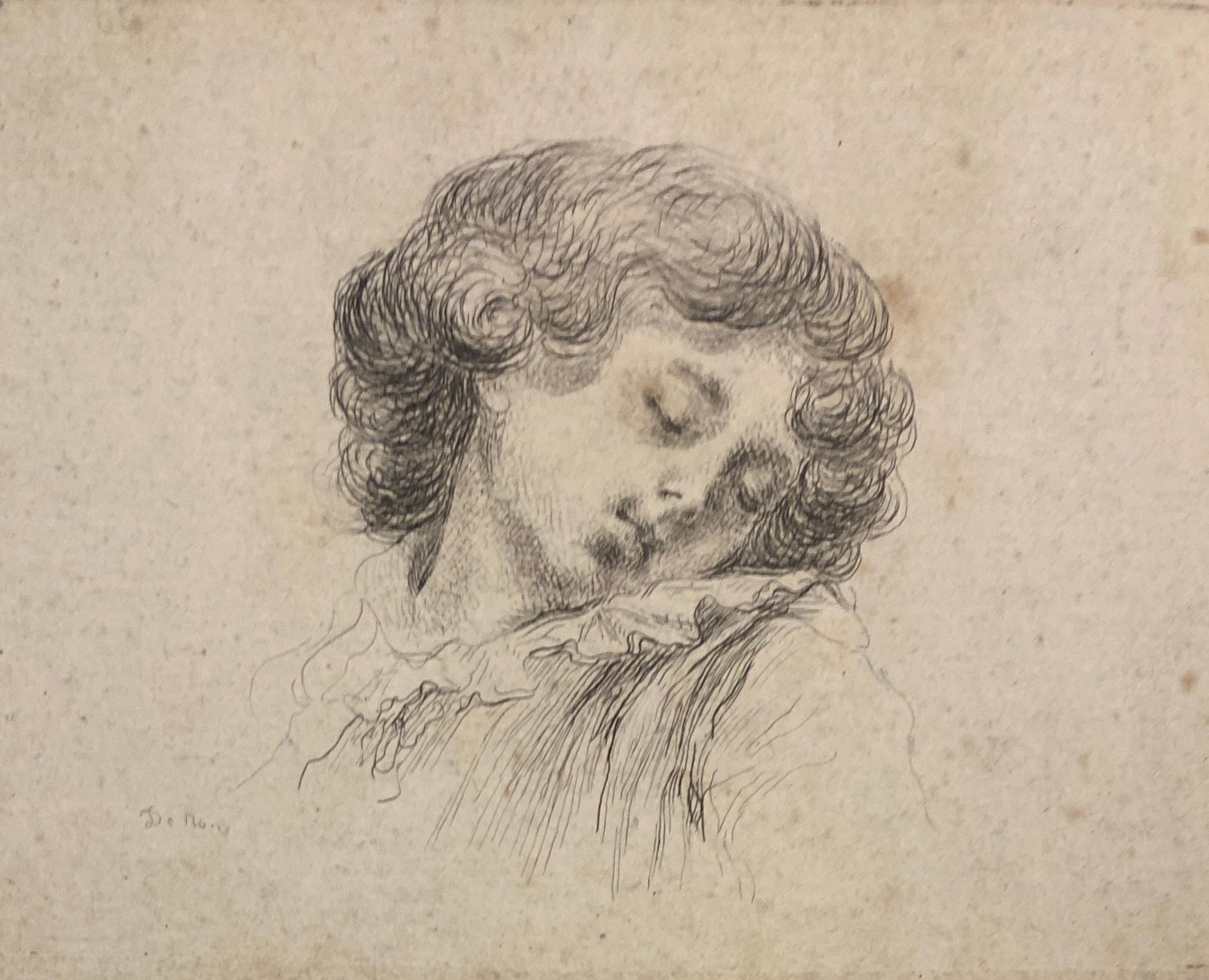 Original Etching by Baron Dominique Vivant Denon
Title: Head of a Sleeping Child
Artist: Baron Dominique Vivant Denon (French, Givry 1747–1825 Paris)
Date: c. 1765–1825
Medium: Etching
Framed Dimensions: 13