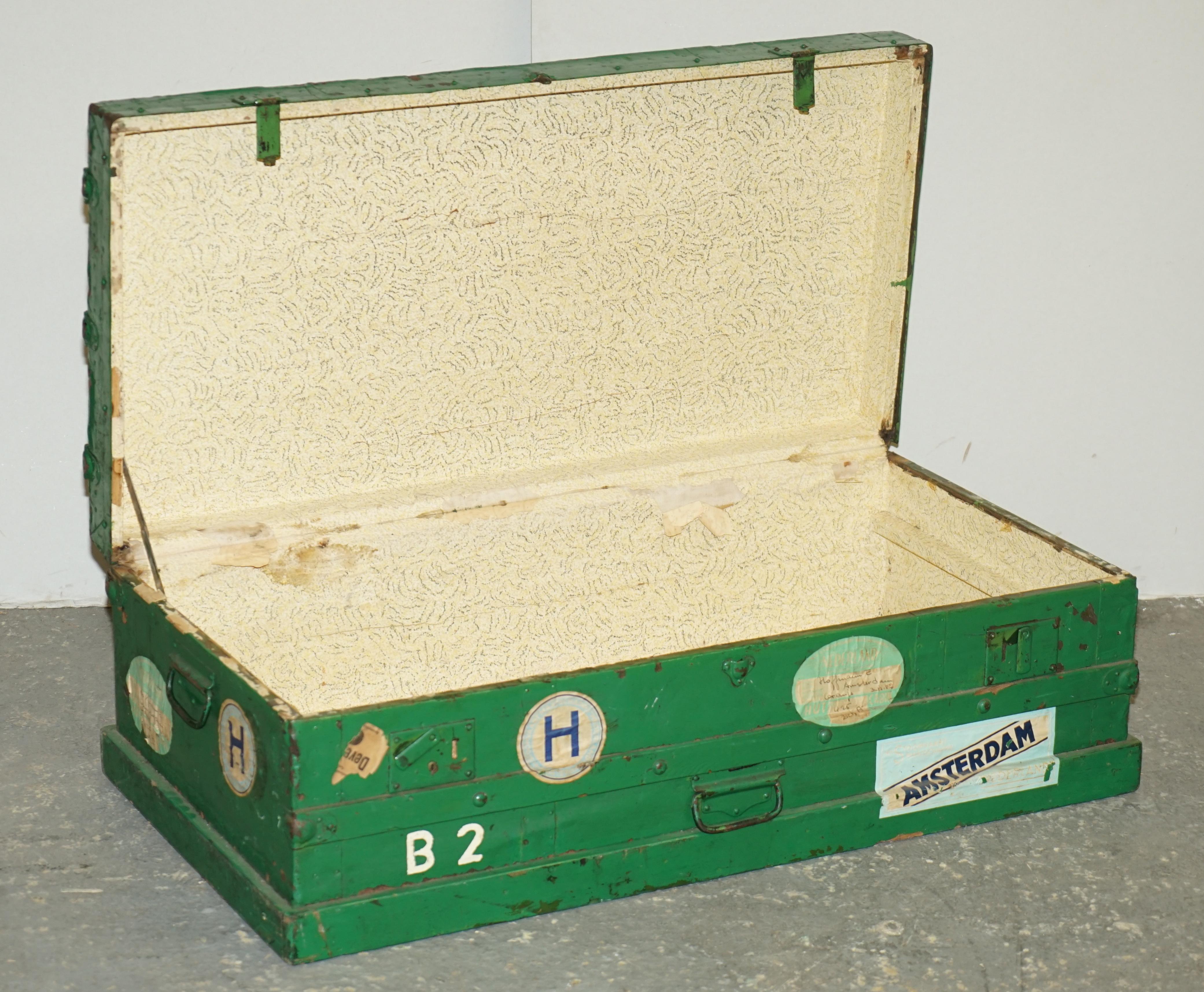 Original European Green Painted Metal Zinc Military Army Campaign Chest Trunk 6