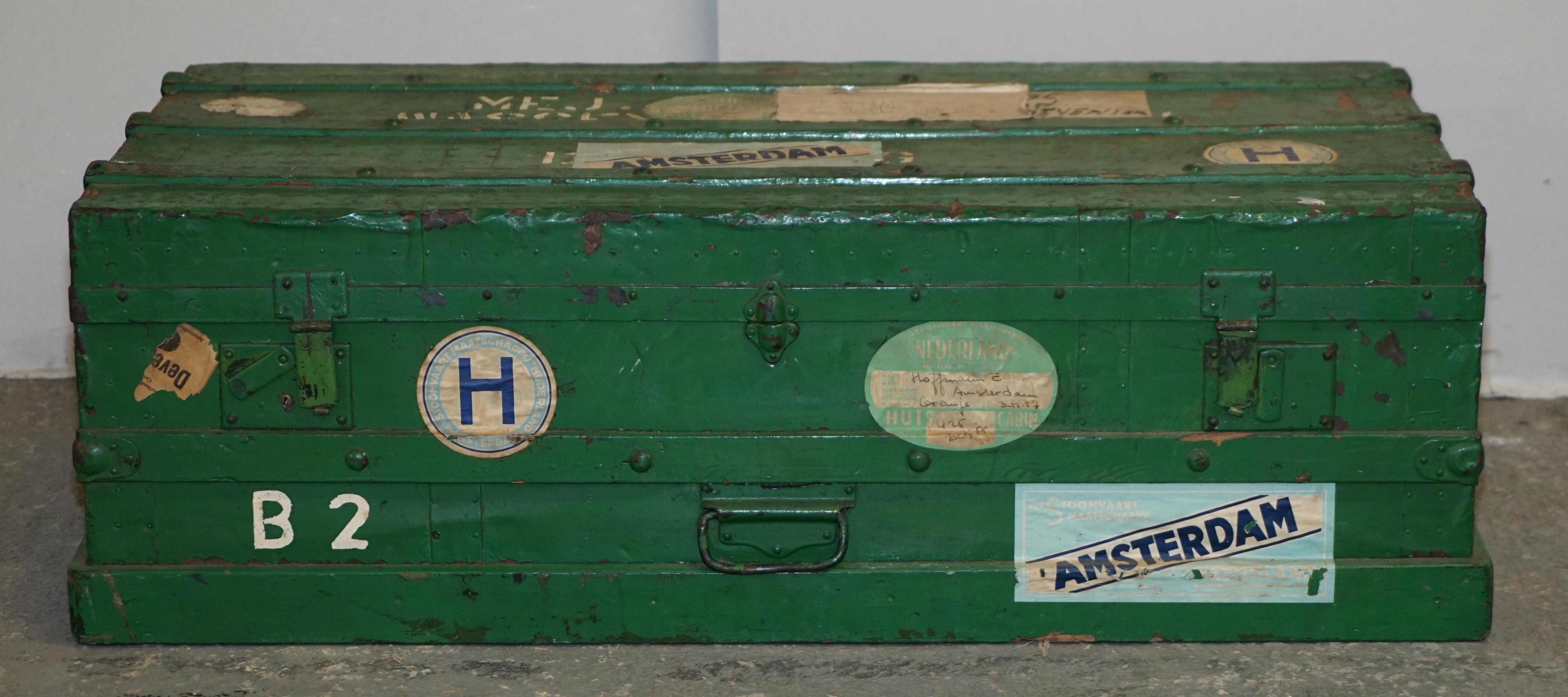 We are delighted to offer for sale this original circa 1900 green painted European Military Campaign chest or trunk

Please note the delivery fee listed is just a guide, it covers within the M25 only for the UK and local Europe only for