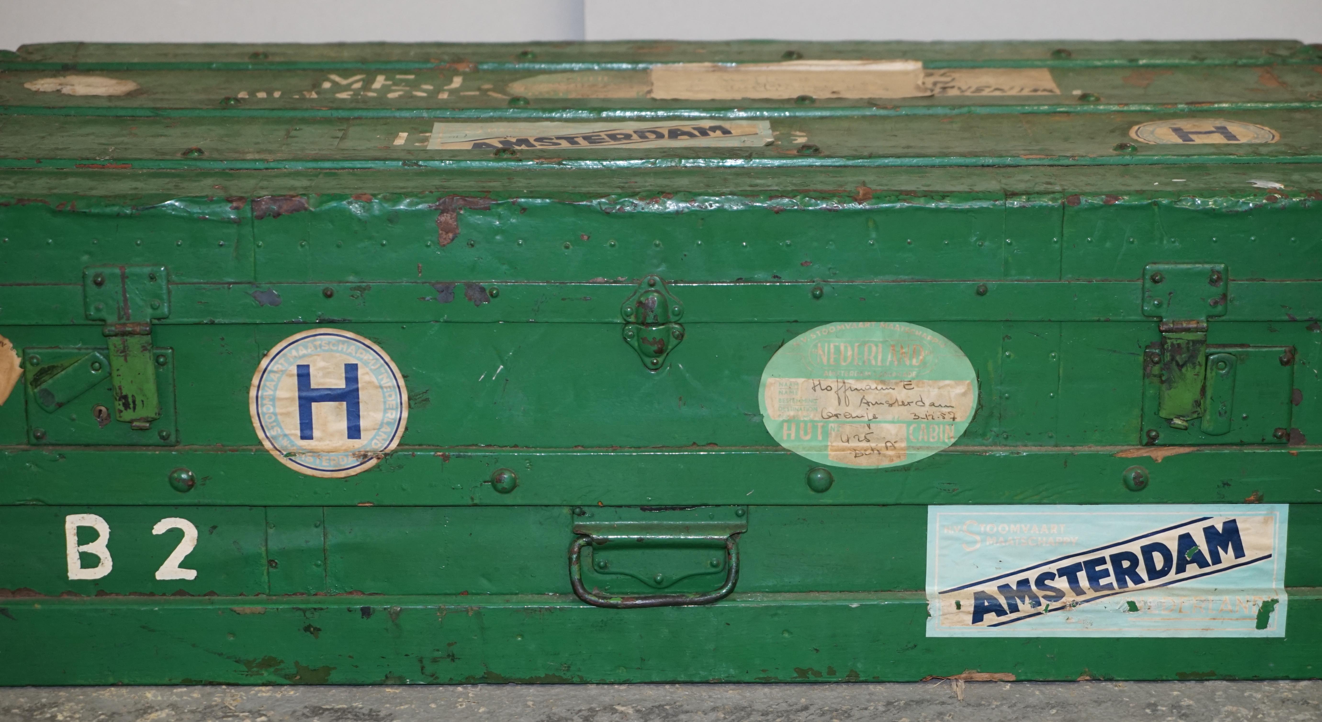Hand-Painted Original European Green Painted Metal Zinc Military Army Campaign Chest Trunk