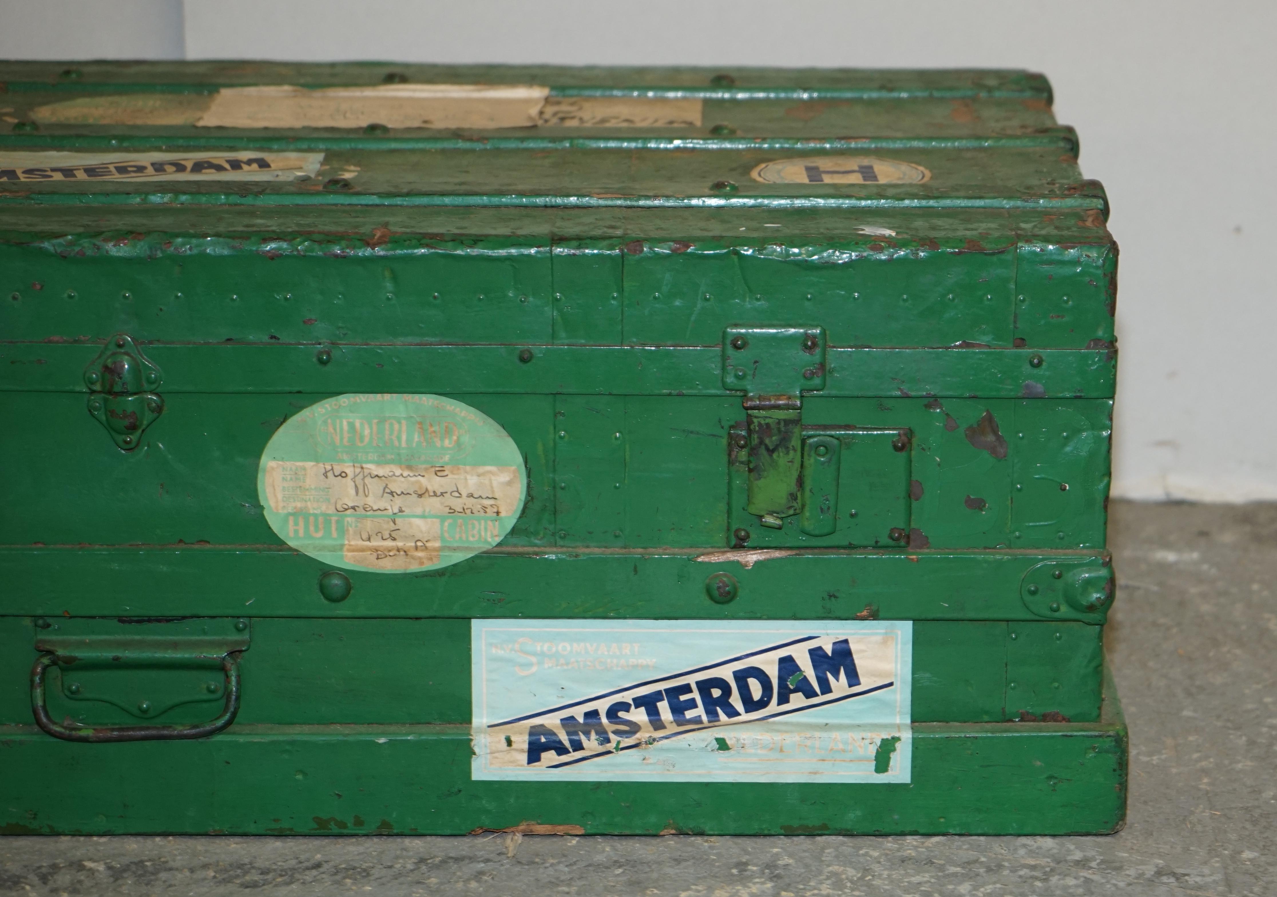 Early 20th Century Original European Green Painted Metal Zinc Military Army Campaign Chest Trunk