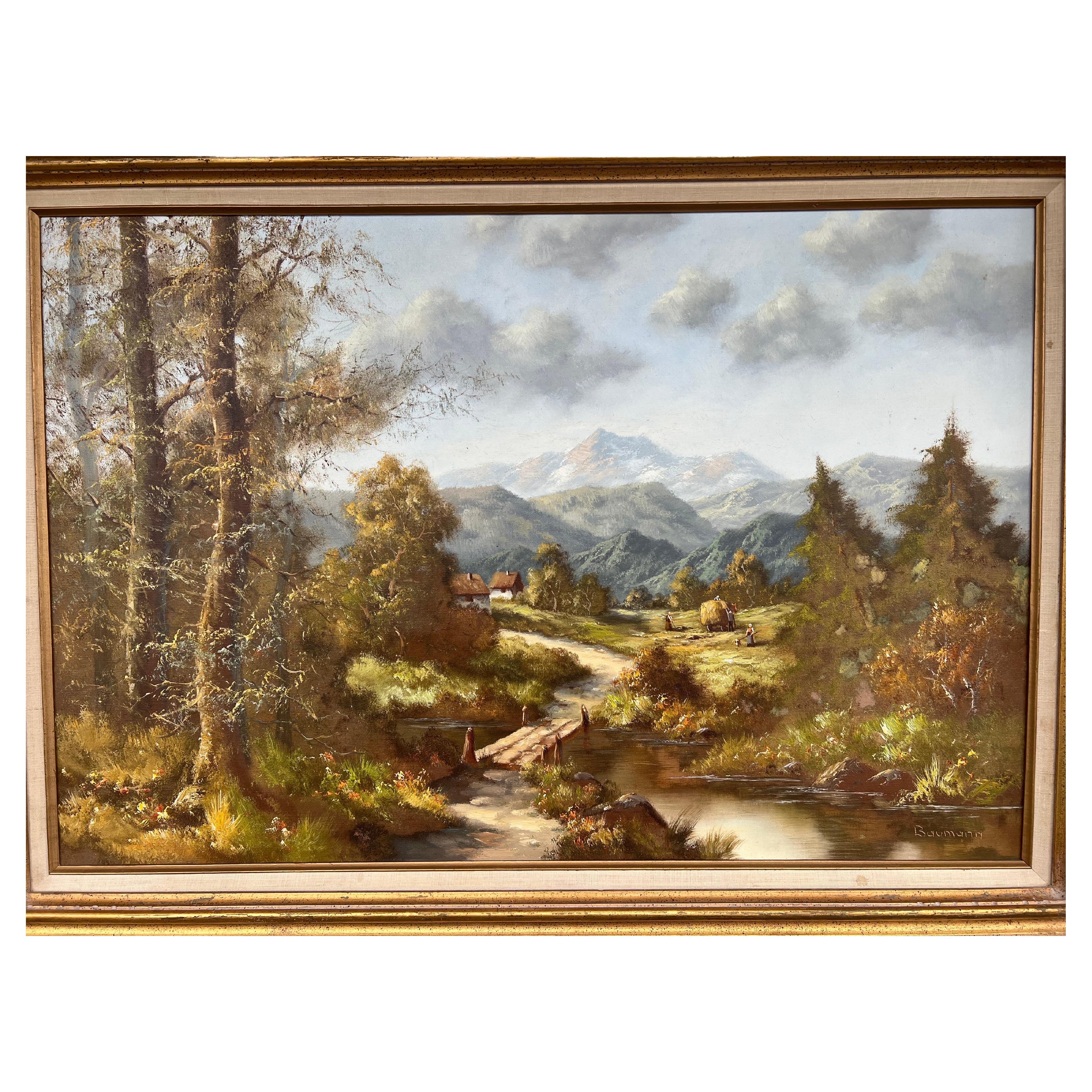 Framed original oil on canvas by listed artist Lothar Baumann, European landscape, Lothar Baumann was born in Bavaria and studied the arts in Munich, Germany. His later works expressed his love for the Bavarian landscapes of his youth. the painting