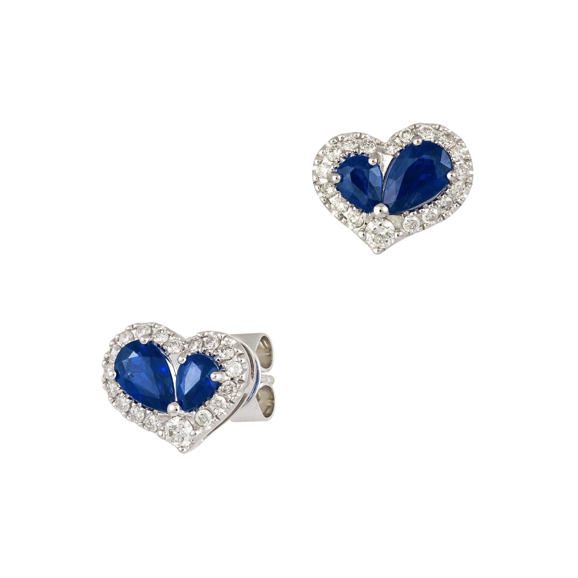 Round Cut Original Every Day Stud Earrings Blue Sapphire White Diamond 18k White Gold For Sale