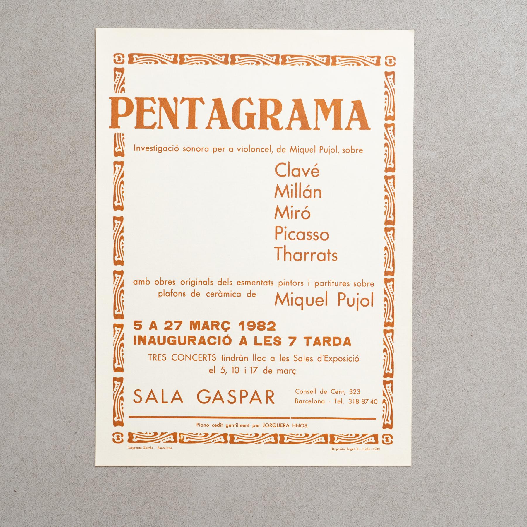 Original Exhibition Poster – Pentagrama, Various Artists, Sala Gaspar, 1982

Description:
Original exhibition poster for Pentagrama, a collective exhibition featuring various artists, held at the renowned Sala Gaspar in Barcelona in 1982.

This