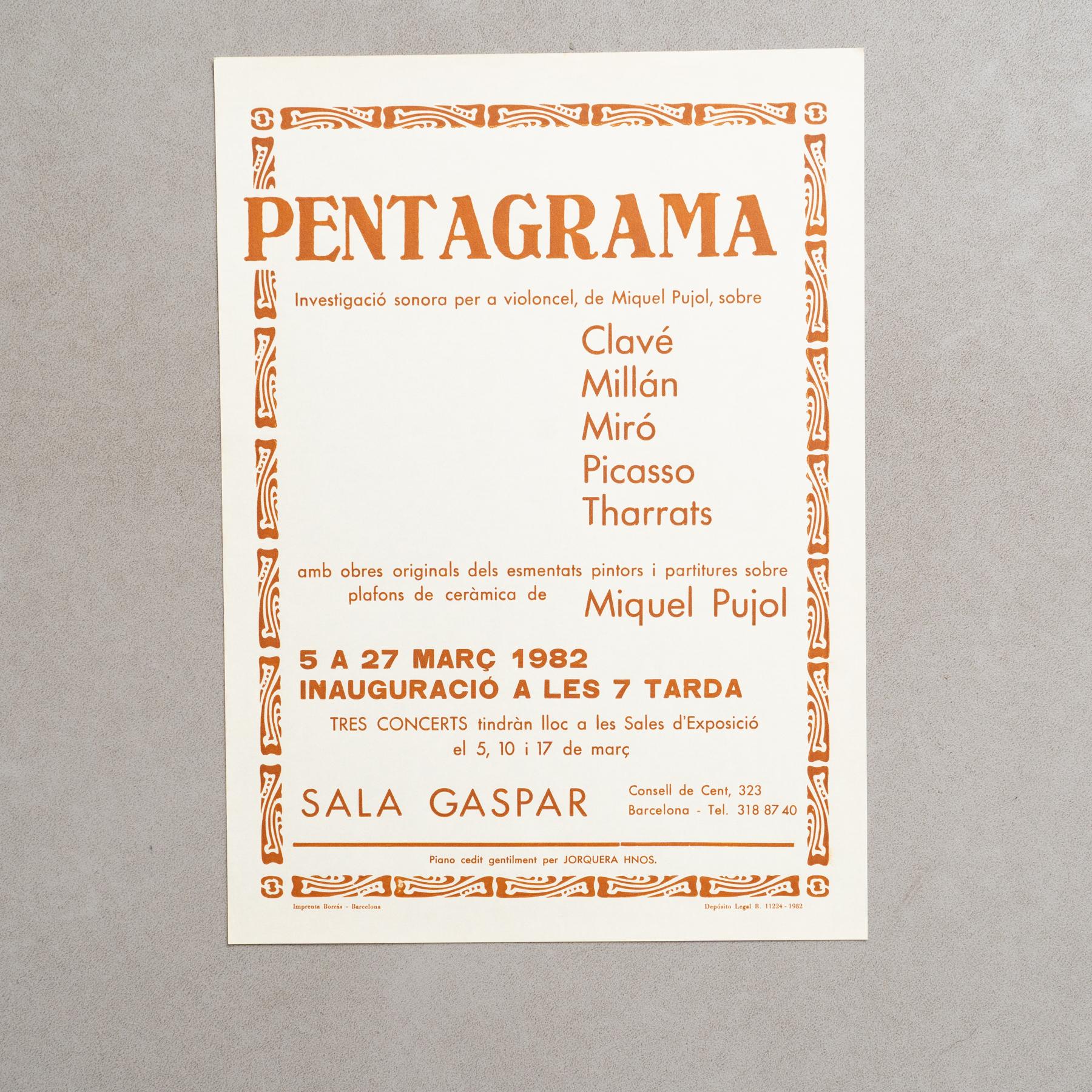 Cartel Original de Exposición - Pentagrama, Various Artists, Sala Gaspar, 1982

Descripción:
Cartel original de Pentagrama, exposición colectiva de varios artistas celebrada en la famosa Sala Gaspar de Barcelona en 1982.

Este cartel representa un