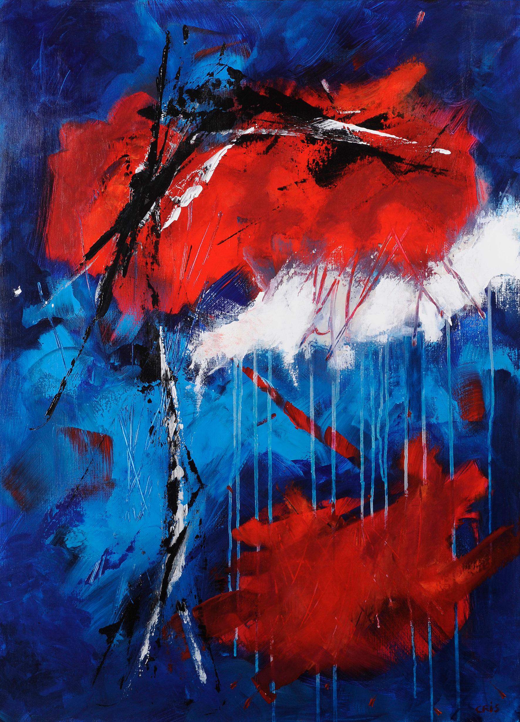 Hand-Painted Original 'Expression Lyrique en Bleu et Rouge' Abstract Painting For Sale