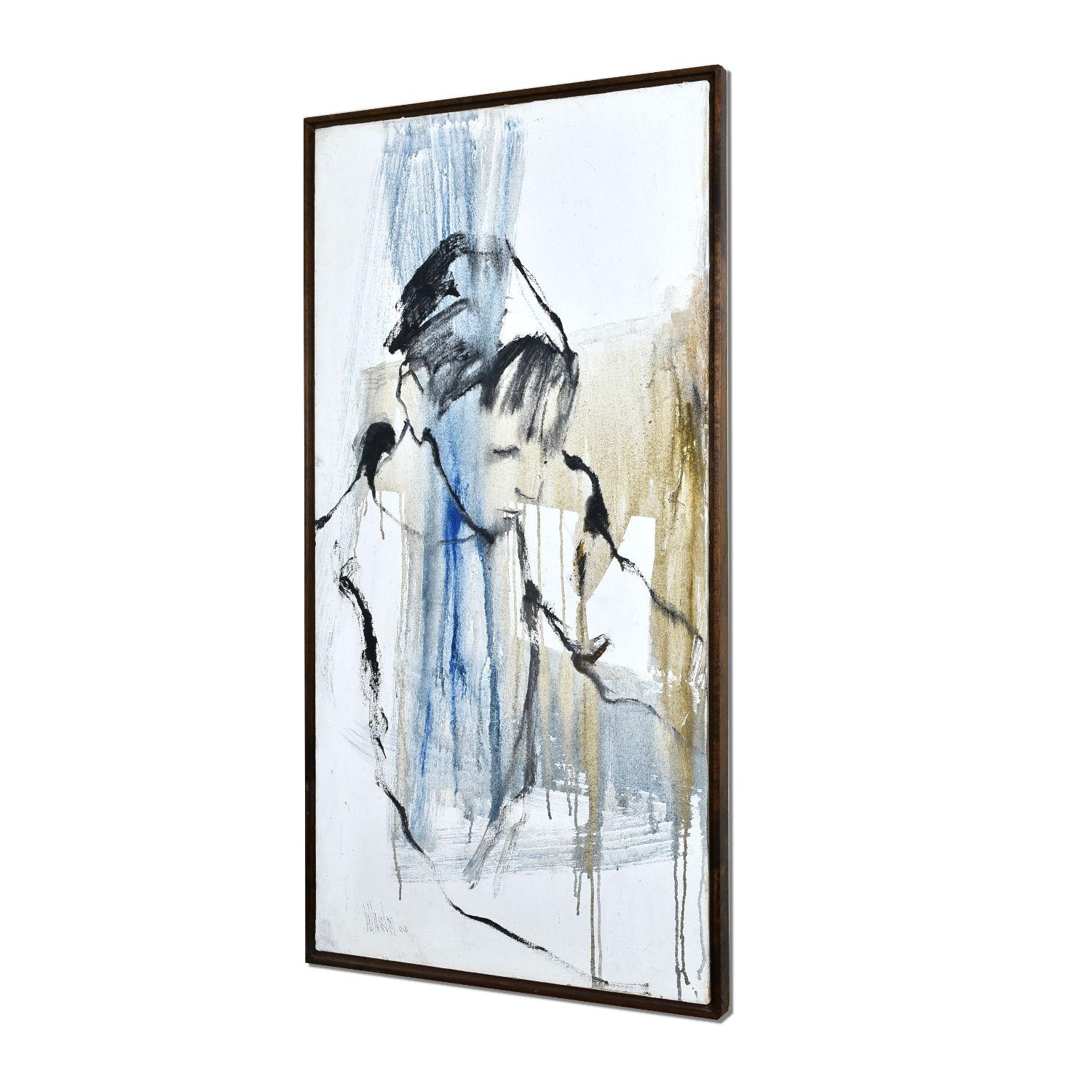 There is something about this solemn portrait that lures you in. Rendered in gestural strokes reminiscent of Franz Kline, the figure cuts across the austere white. The stark field of white is tempered with an ethereal wash of blue and ochre hues.