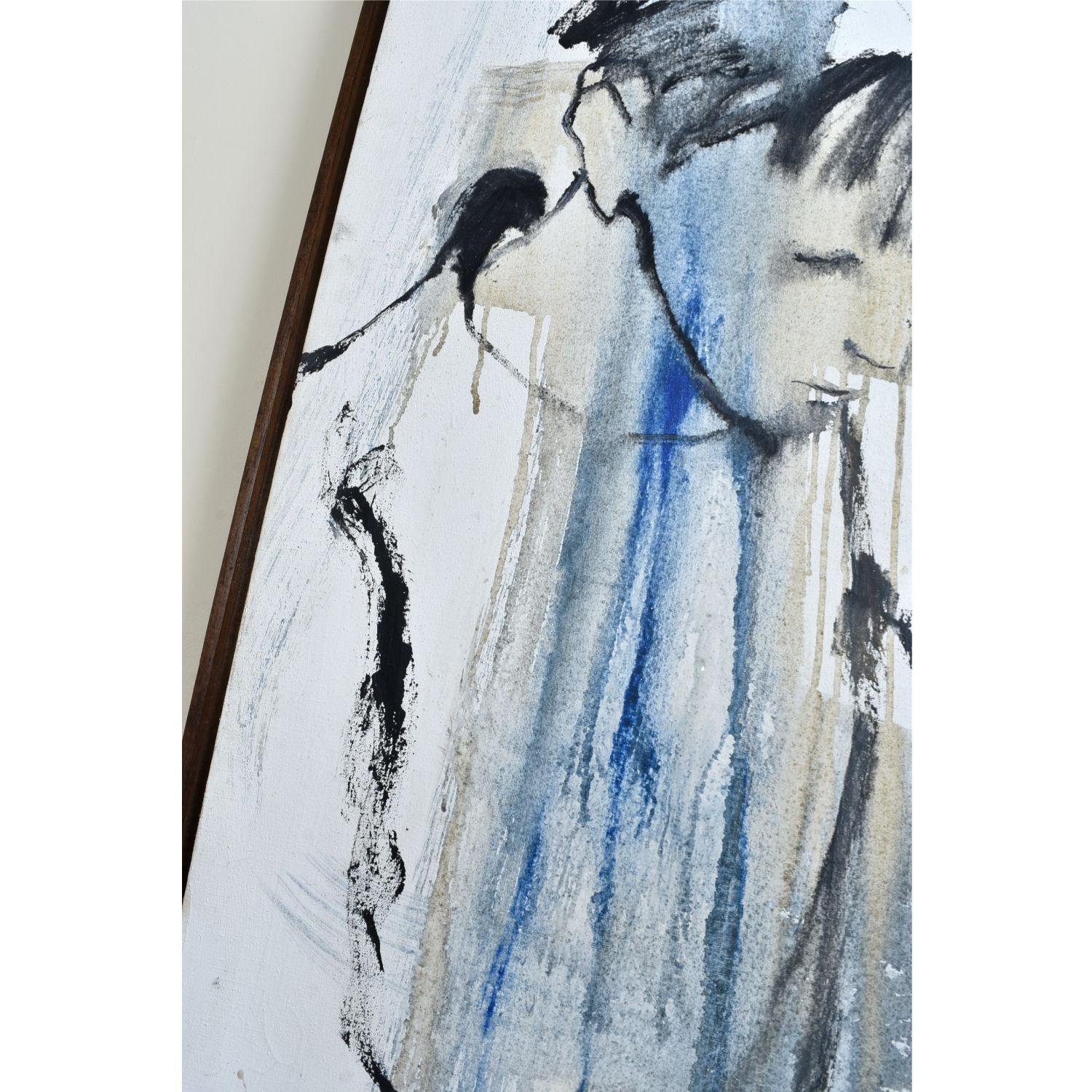 Canvas Original Expressionist Figural Painting in Blue White Black and Brown Wash For Sale