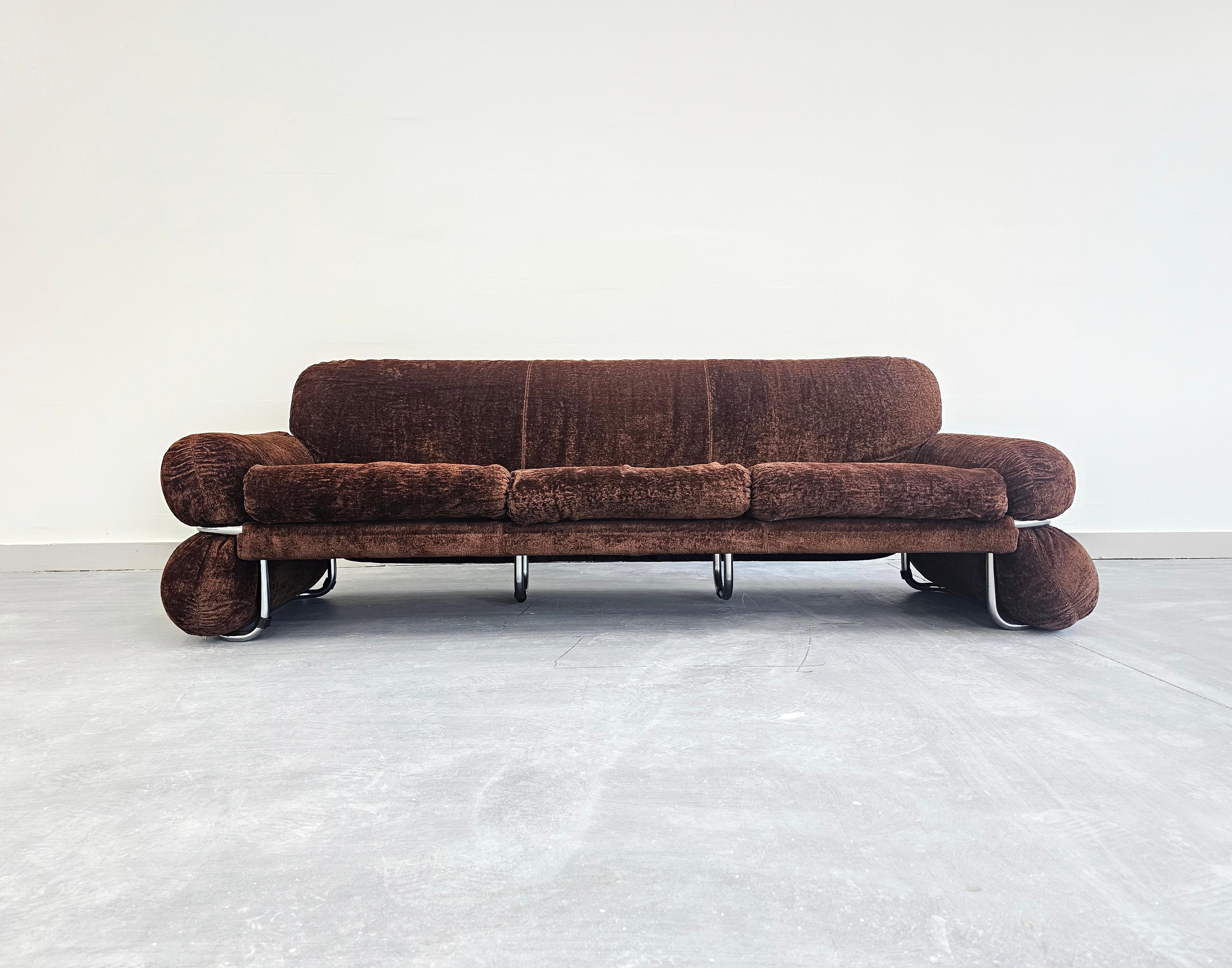 Original Fabric Gianfranco Frattini Style 3-Seater Tubular Sofa, Italy 1970s In Good Condition For Sale In Beograd, RS