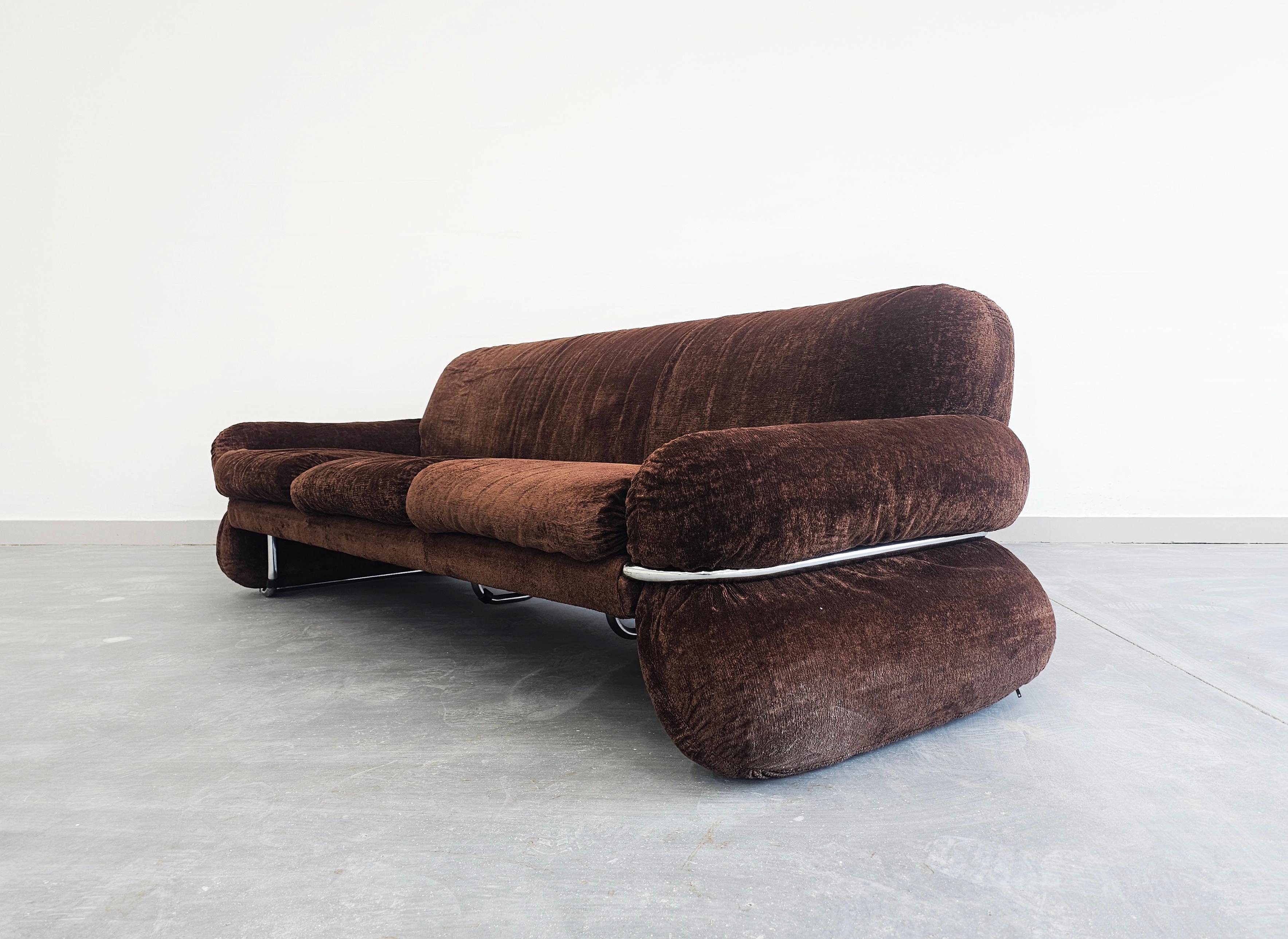Late 20th Century Original Fabric Gianfranco Frattini Style 3-Seater Tubular Sofa, Italy 1970s For Sale