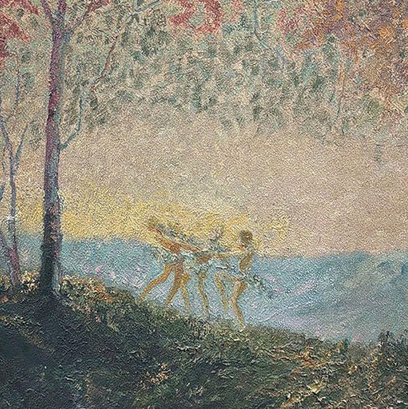 Impression oil painting on board captures the joyous rhythm of girls dancing in a vibrant fall celebration, surrounded by warm autumnal hues. The artist's expressive brushstrokes bring movement and energy to the scene, with the flowing dresses and