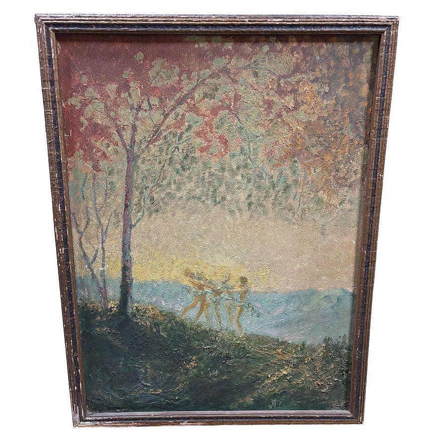 Early 20th Century Original Fall Celebration Impression Painting Oil On Baord, Framed For Sale