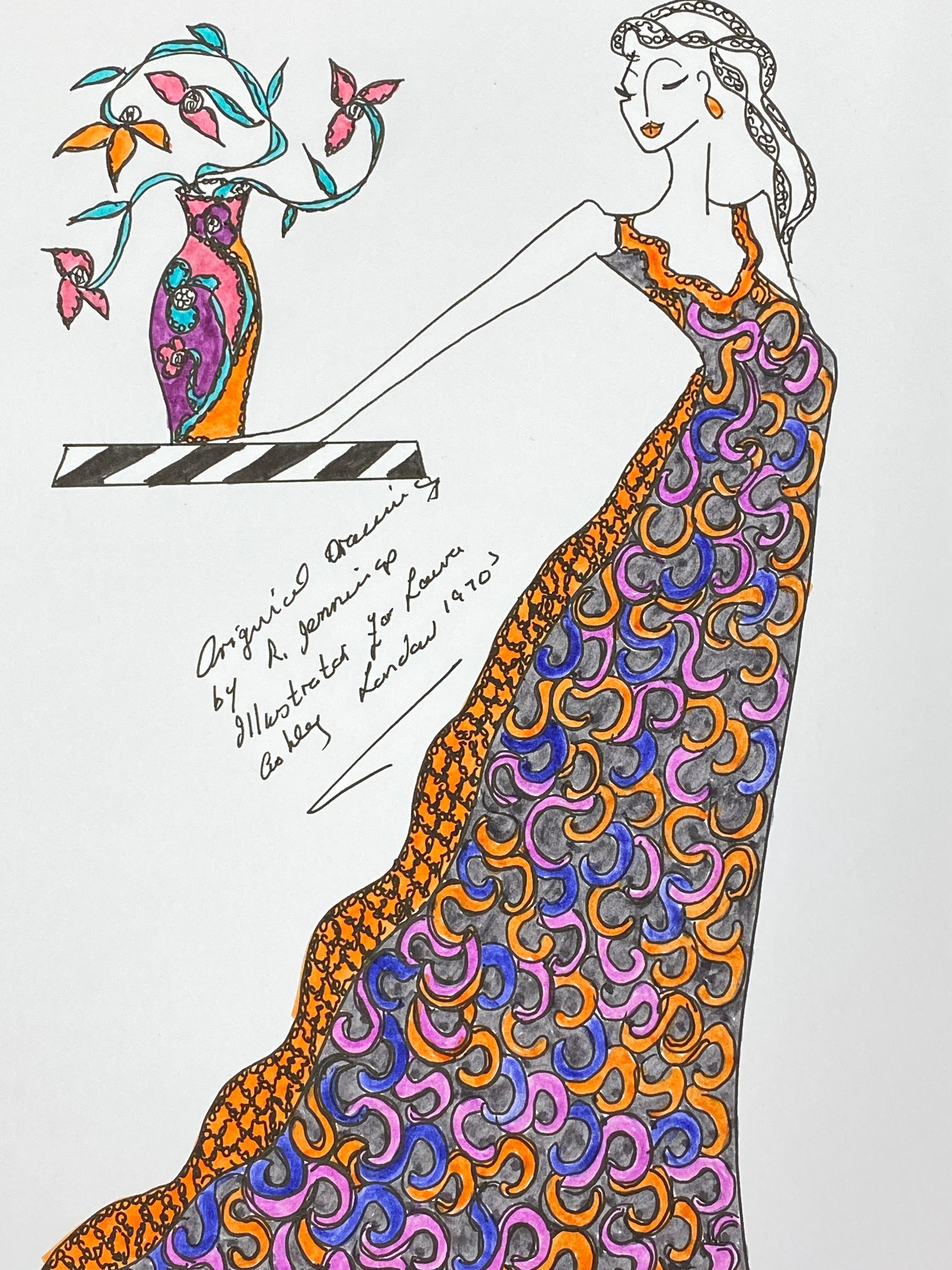 Original Fashion Design Illustration
by Roz Jennings, British
watercolor and ink on card, unframed
size: 12 x 8.25 inches
condition: very good

A beautifully colorful and characterful original artwork by British fashion designer, Roz Jennings.