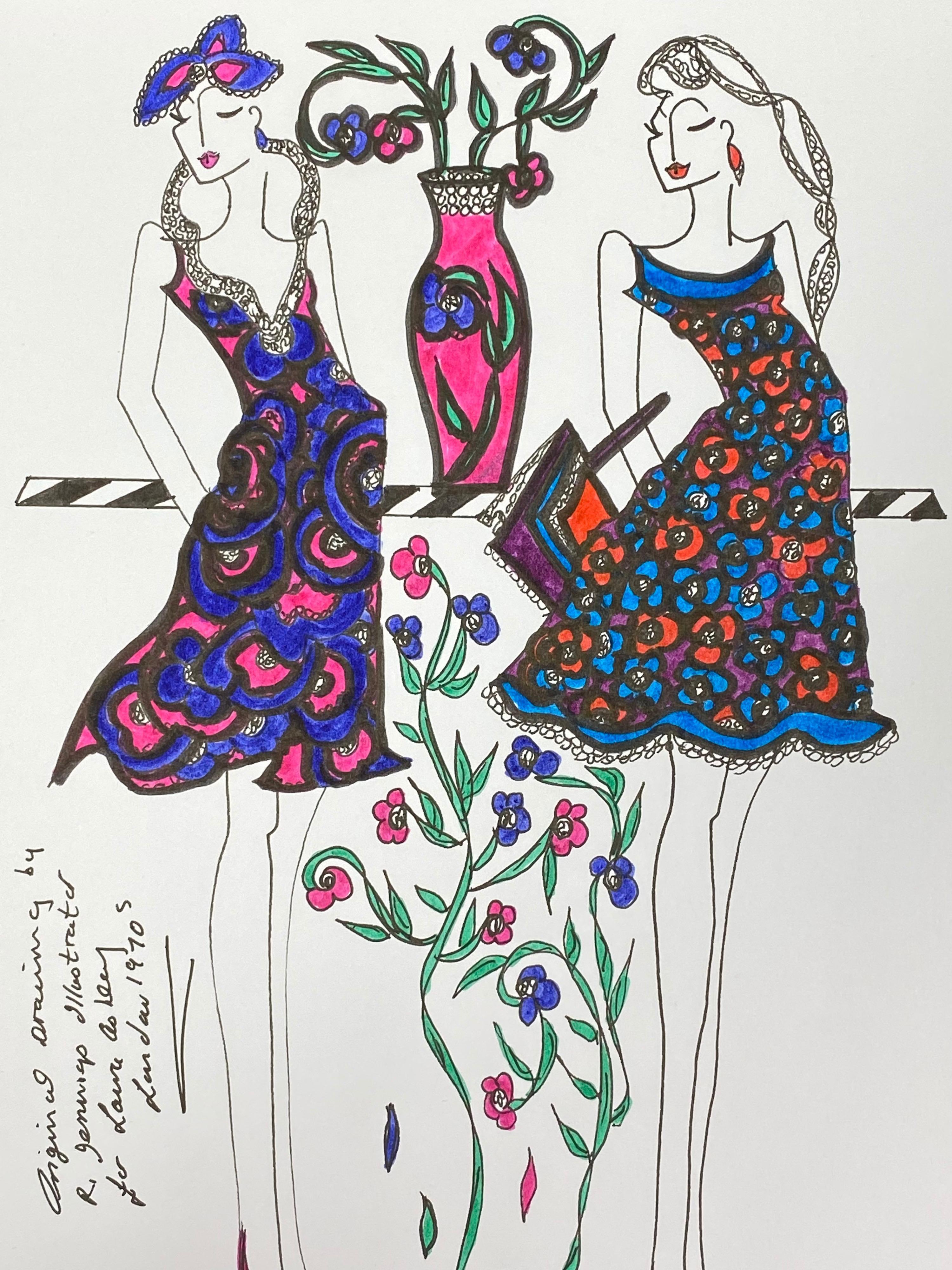Original Fashion Design Illustration
by Roz Jennings, British
watercolor and ink on card, unframed
size: 12 x 8.25 inches
condition: very good

A beautifully colorful and characterful original artwork by British fashion designer, Roz Jennings.