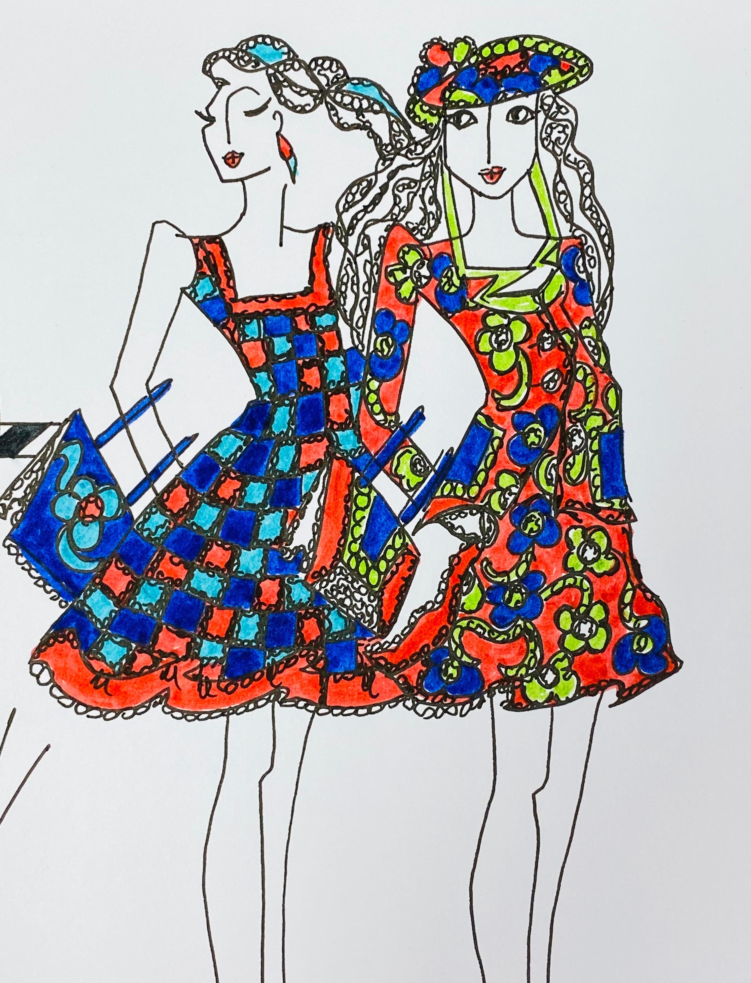 Original Fashion Design Illustration
by Roz Jennings, British
watercolor and ink on card, unframed
size: 12 x 8.25 inches
condition: very good

A beautifully colorful and characterful original artwork by British fashion designer, Roz Jennings.