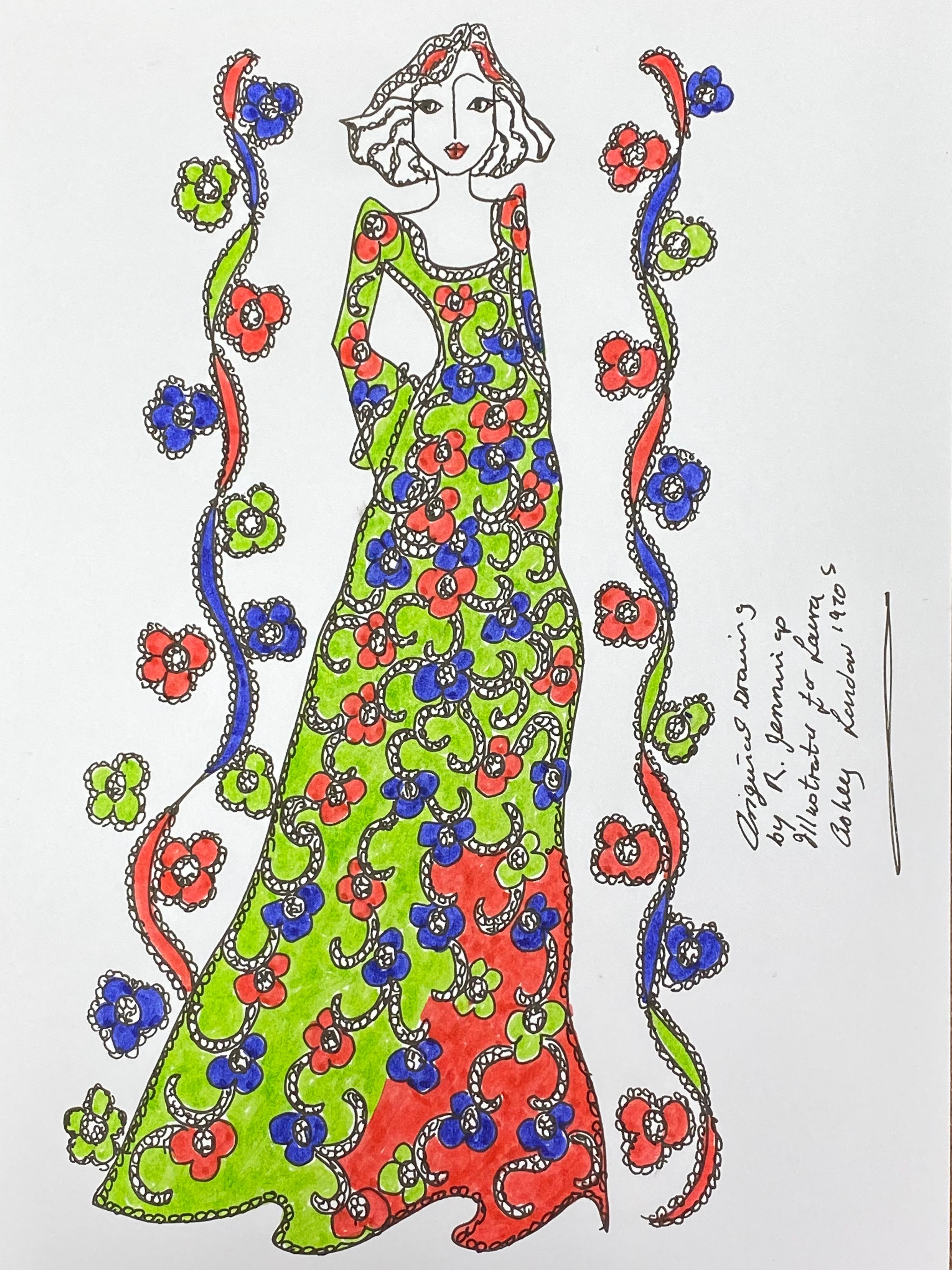 Original fashion design illustration
by Roz Jennings, British
watercolor and ink on card, unframed
size: 12 x 8.25 inches
condition: very good

A beautifully colorful and characterful original artwork by British fashion designer, Roz Jennings.