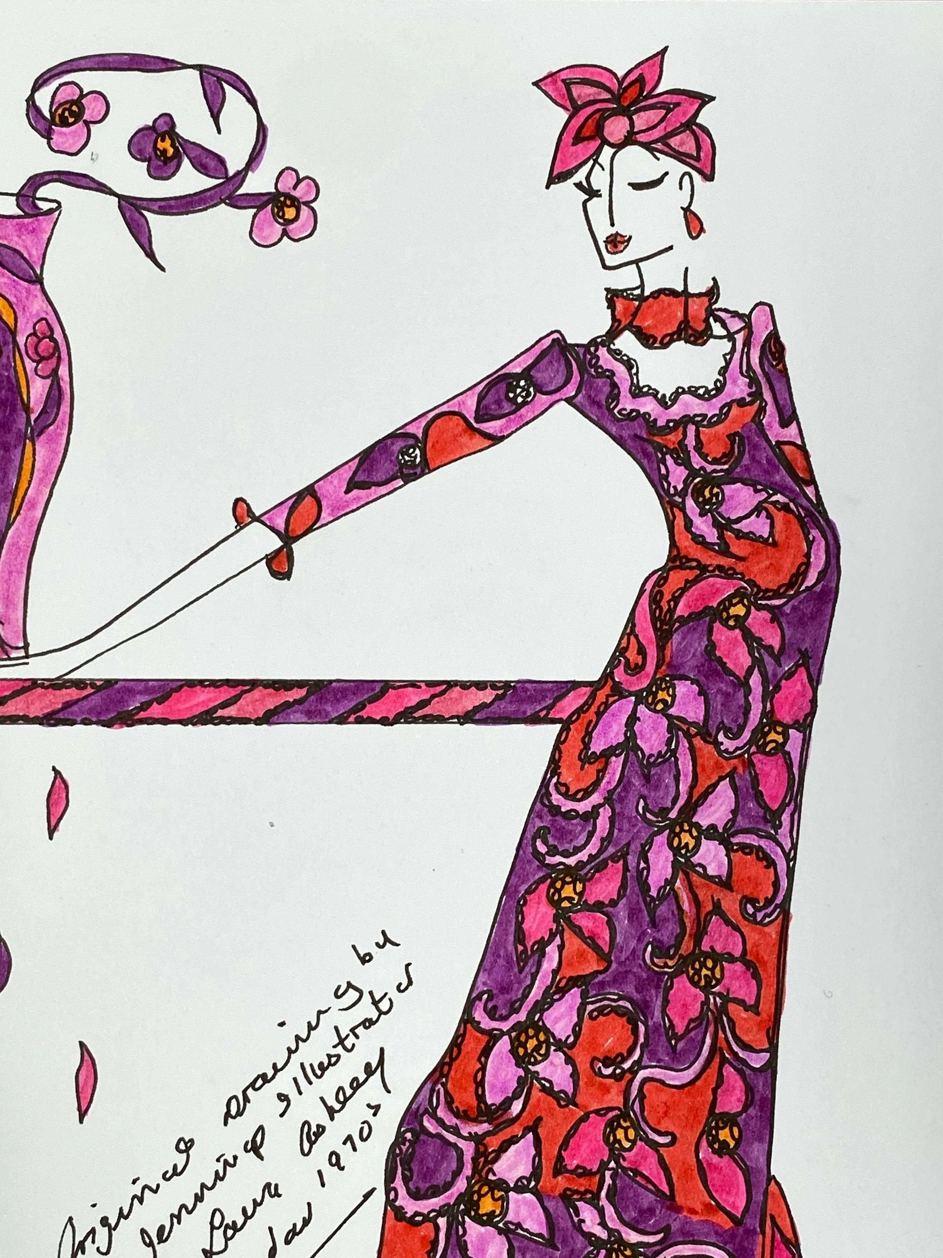 Original fashion design illustration
by Roz Jennings, British
watercolor and ink on card, unframed
size: 12 x 8.25 inches
condition: very good

A beautifully colorful and characterful original artwork by British fashion designer, Roz Jennings.