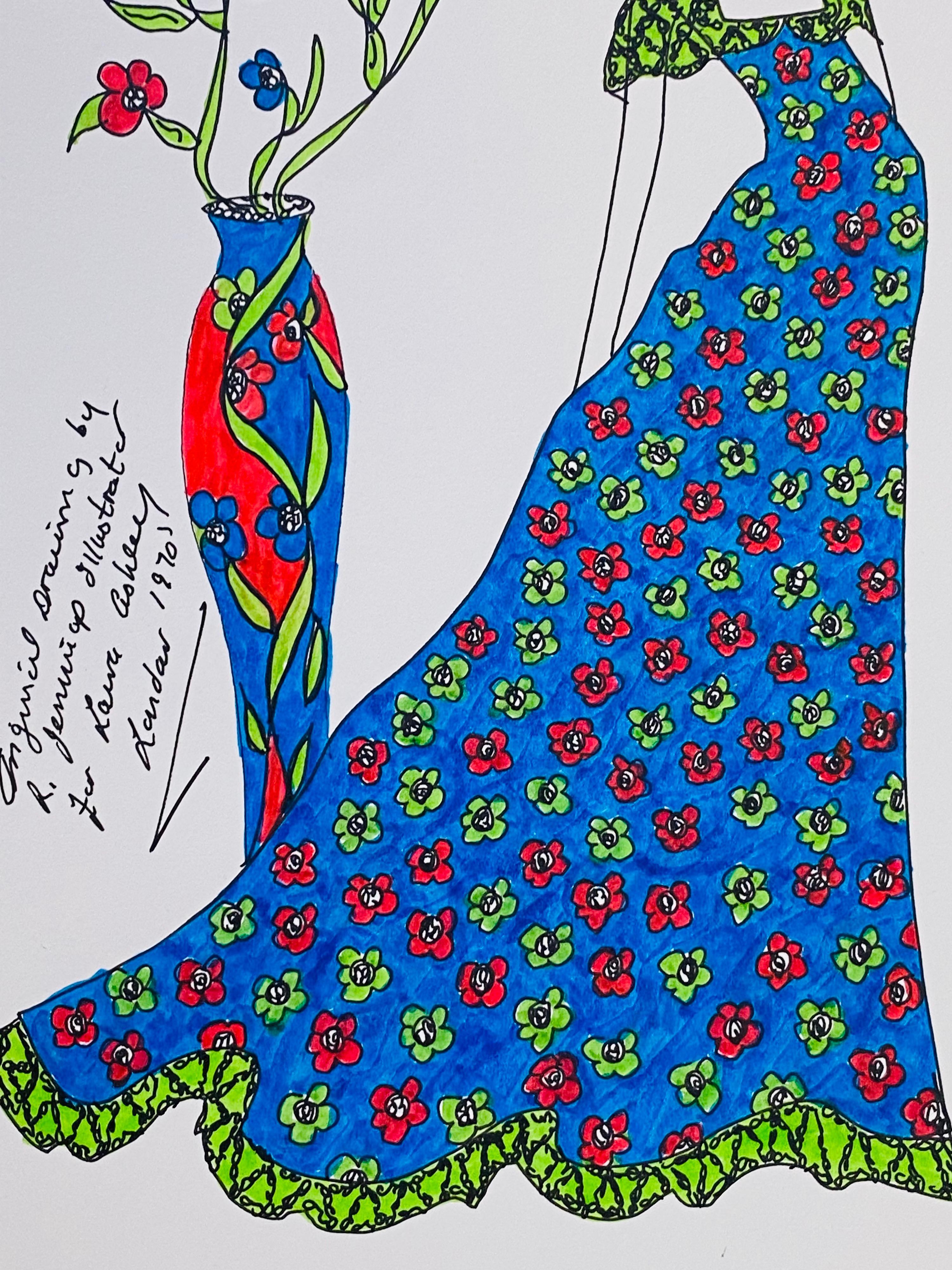 Original Fashion Design Illustration
by Roz Jennings, British
watercolor and ink on card, unframed
size: 12 x 8.25 inches
condition: very good

A beautifully colorful and characterful original artwork by British fashion designer, Roz Jennings.