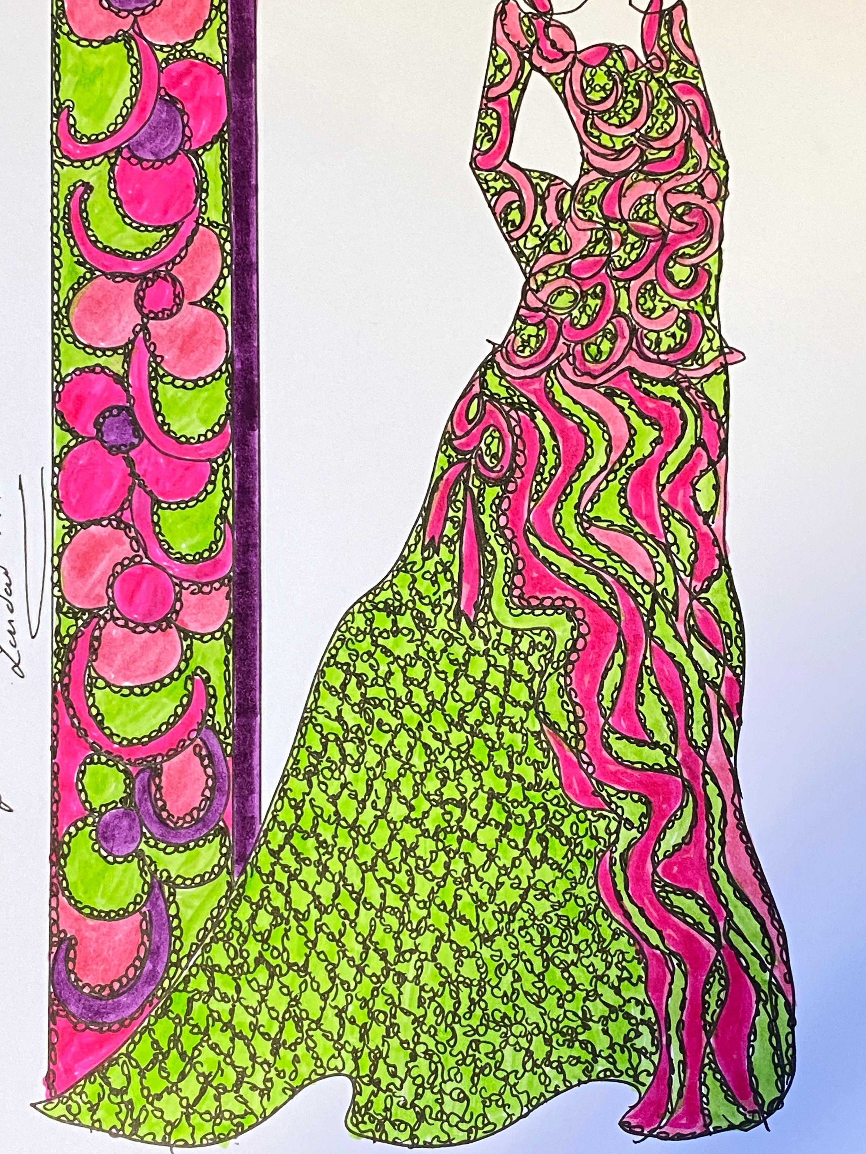 Original fashion design illustration
by Roz Jennings, British
watercolor and ink on card, unframed
size: 12 x 8.25 inches
condition: very good

A beautifully colorful and characterful original artwork by British fashion designer, Roz Jennings.