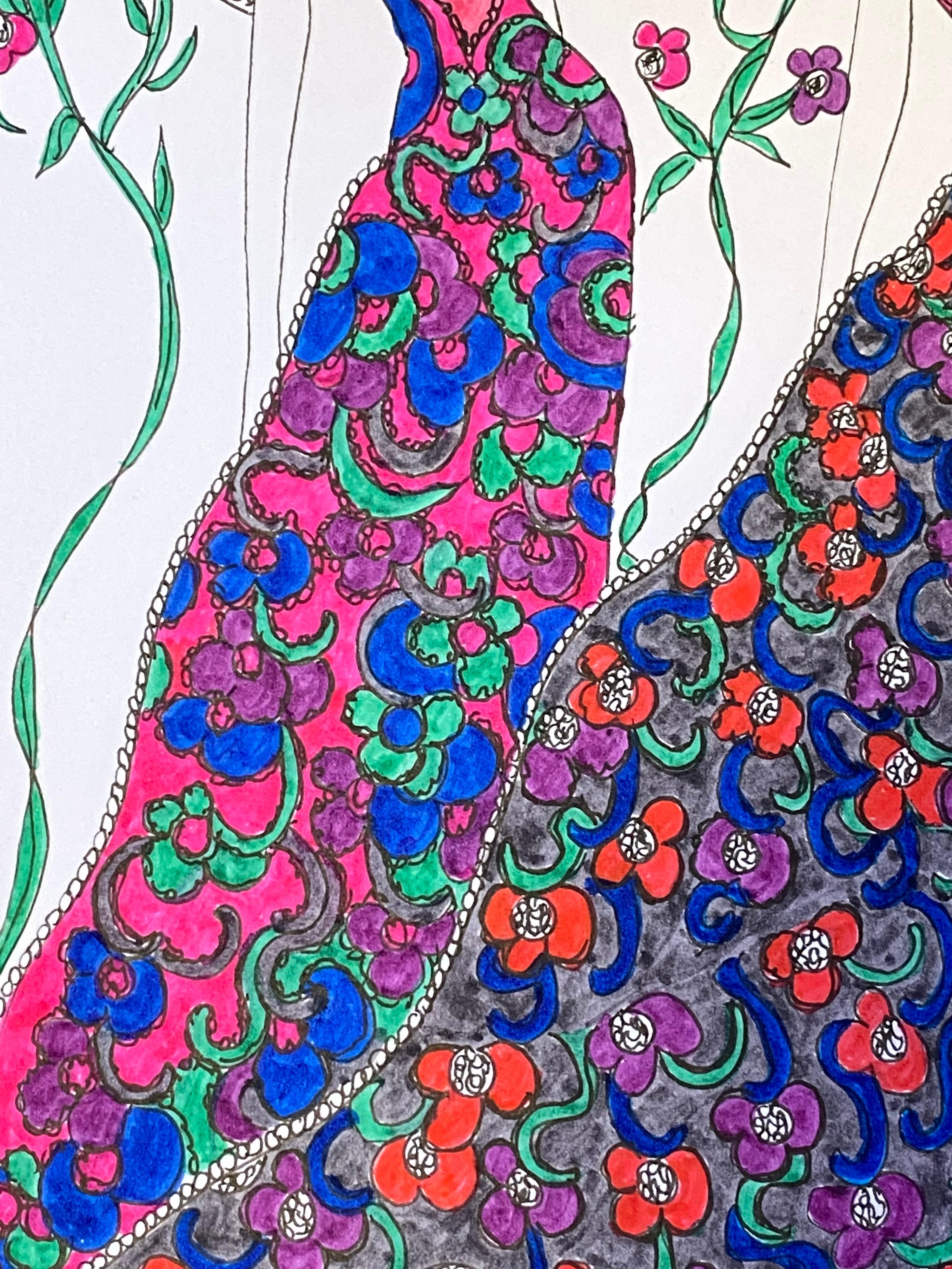 Original Fashion Design Illustration
by Roz Jennings, British
watercolor and ink on card, unframed
size: 12 x 8.25 inches
condition: very good

A beautifully colorful and characterful original artwork by British fashion designer, Roz Jennings.