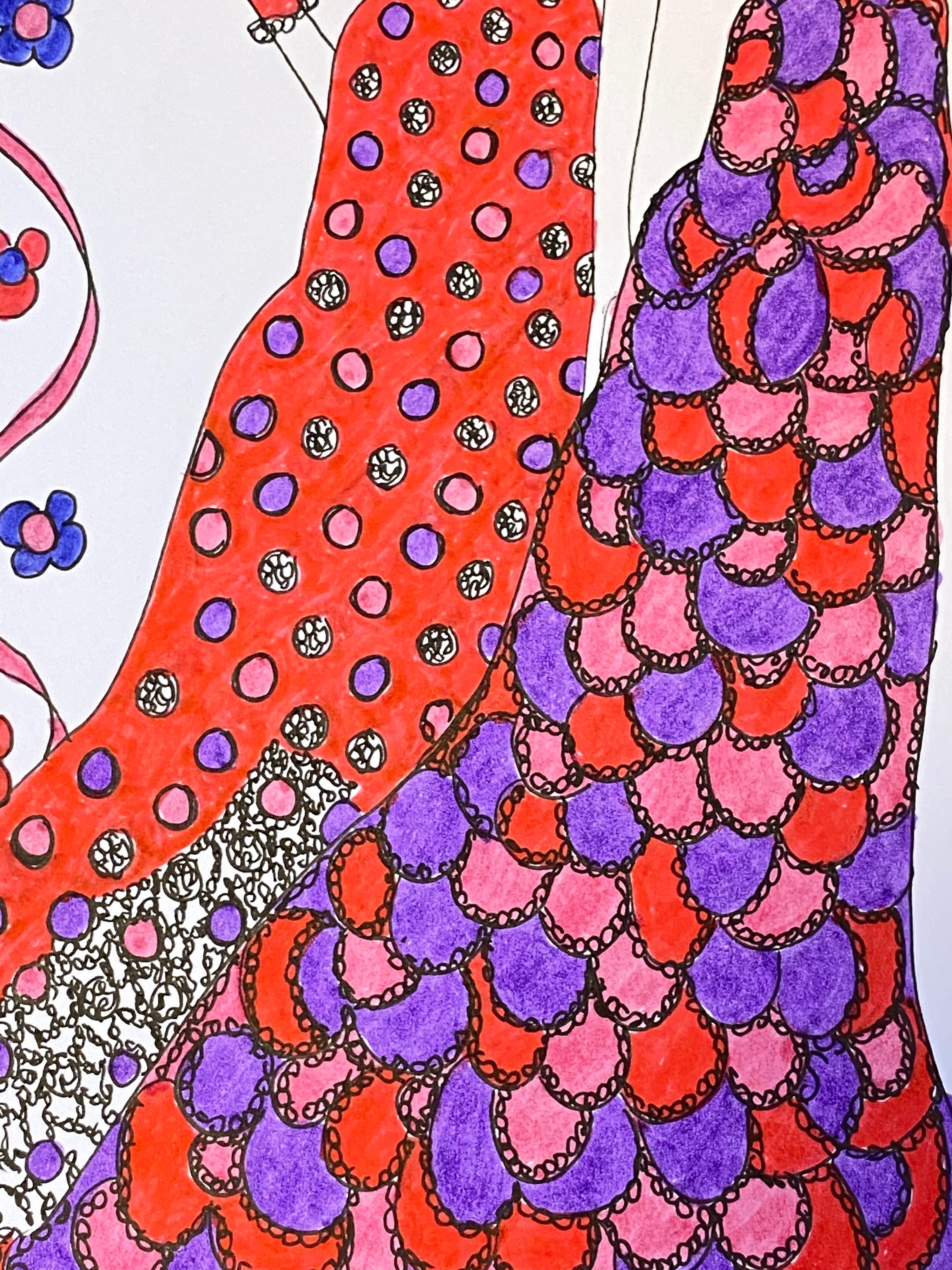 Original Fashion Design Illustration
by Roz Jennings, British
watercolor and ink on card, unframed
size: 12 x 8.25 inches
condition: very good

A beautifully colorful and characterful original artwork by British fashion designer, Roz Jennings.