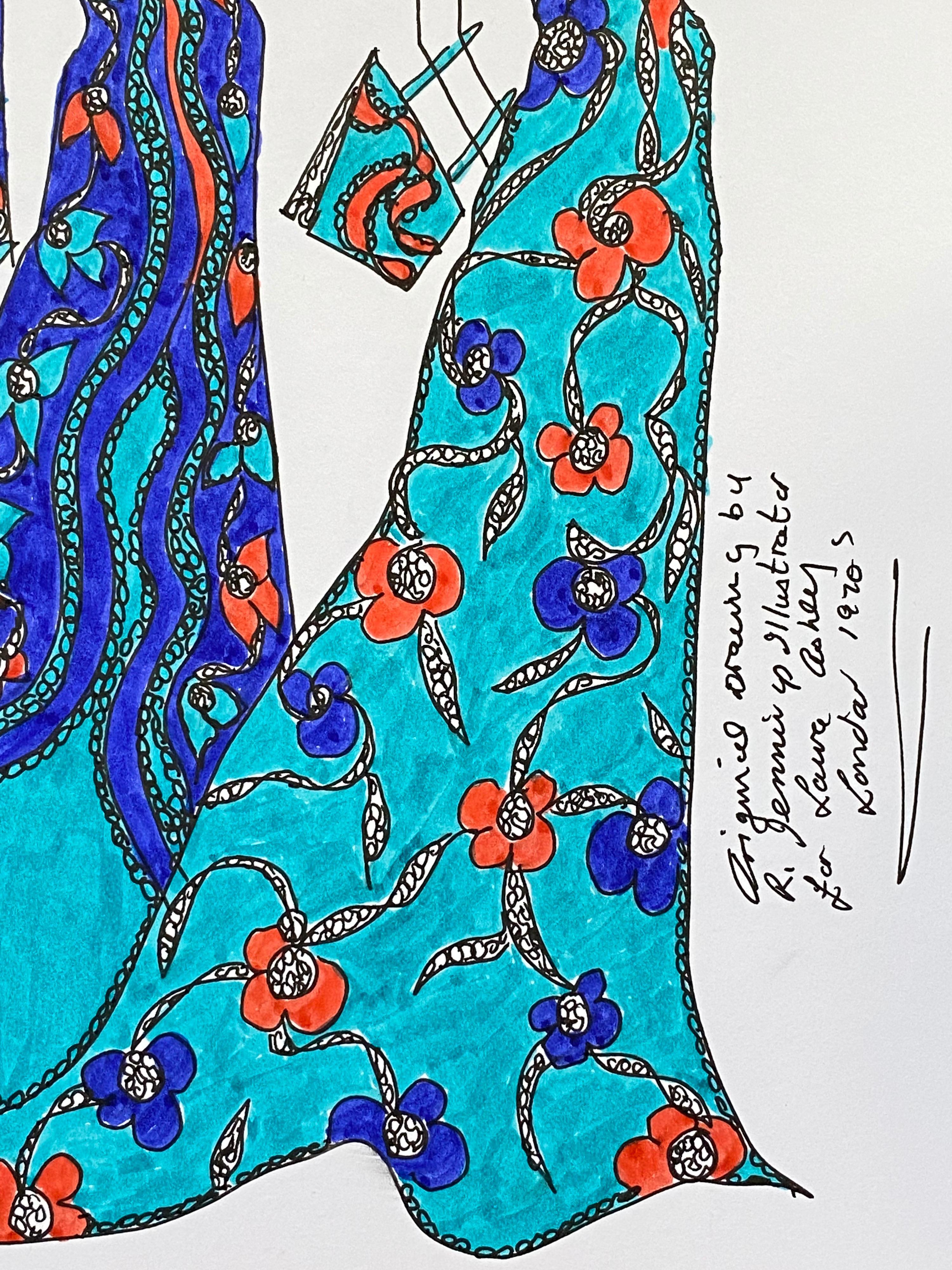 Originelle Illustration eines Modedesigns
von Roz Jennings, Britin
aquarell und Tinte auf Karton, ungerahmt
größe: 12 x 8,25 Zoll
zustand: sehr gut

Ein wunderschönes, farbenfrohes und charaktervolles Original-Kunstwerk der britischen