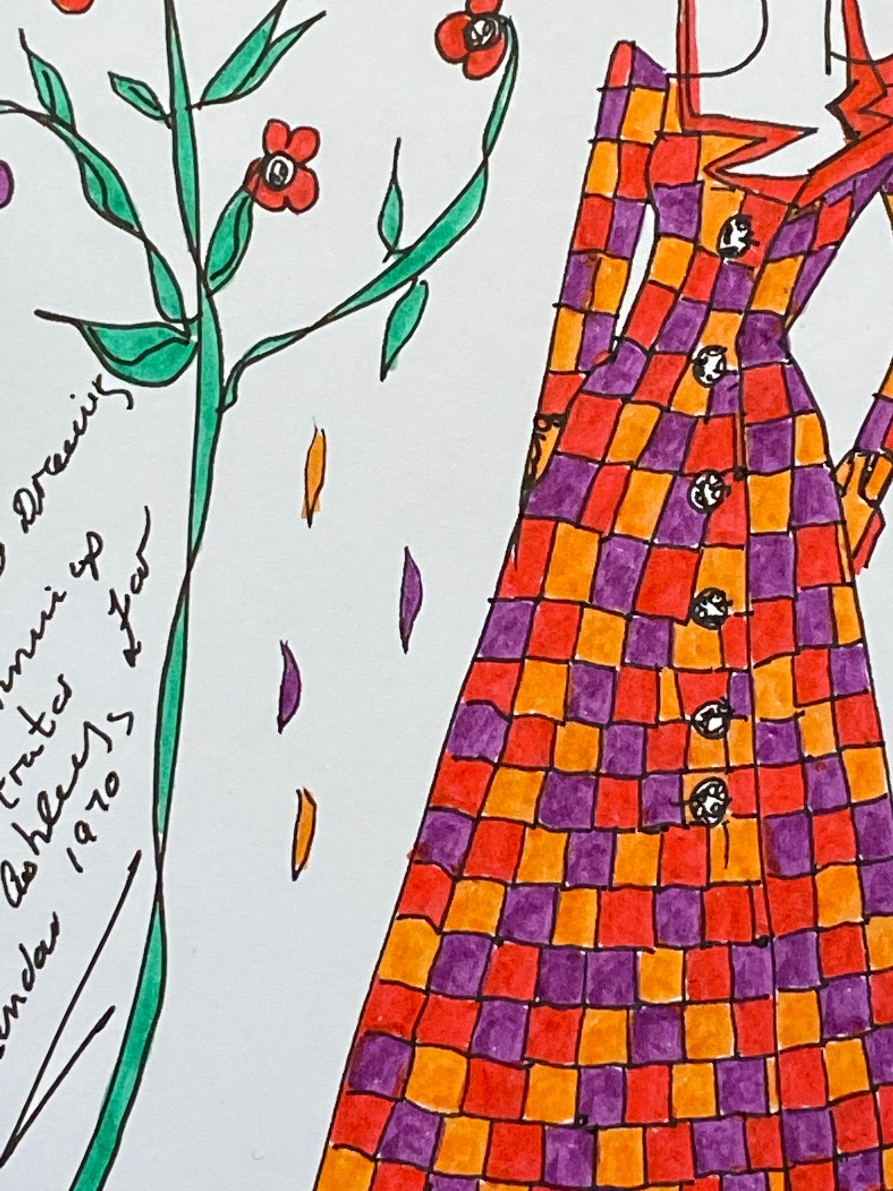 Original Fashion Design Illustration
by Roz Jennings, British
watercolor and ink on card, unframed
size: 12 x 8.25 inches
condition: very good

A beautifully colorful and characterful original artwork by British fashion designer, Roz Jennings.