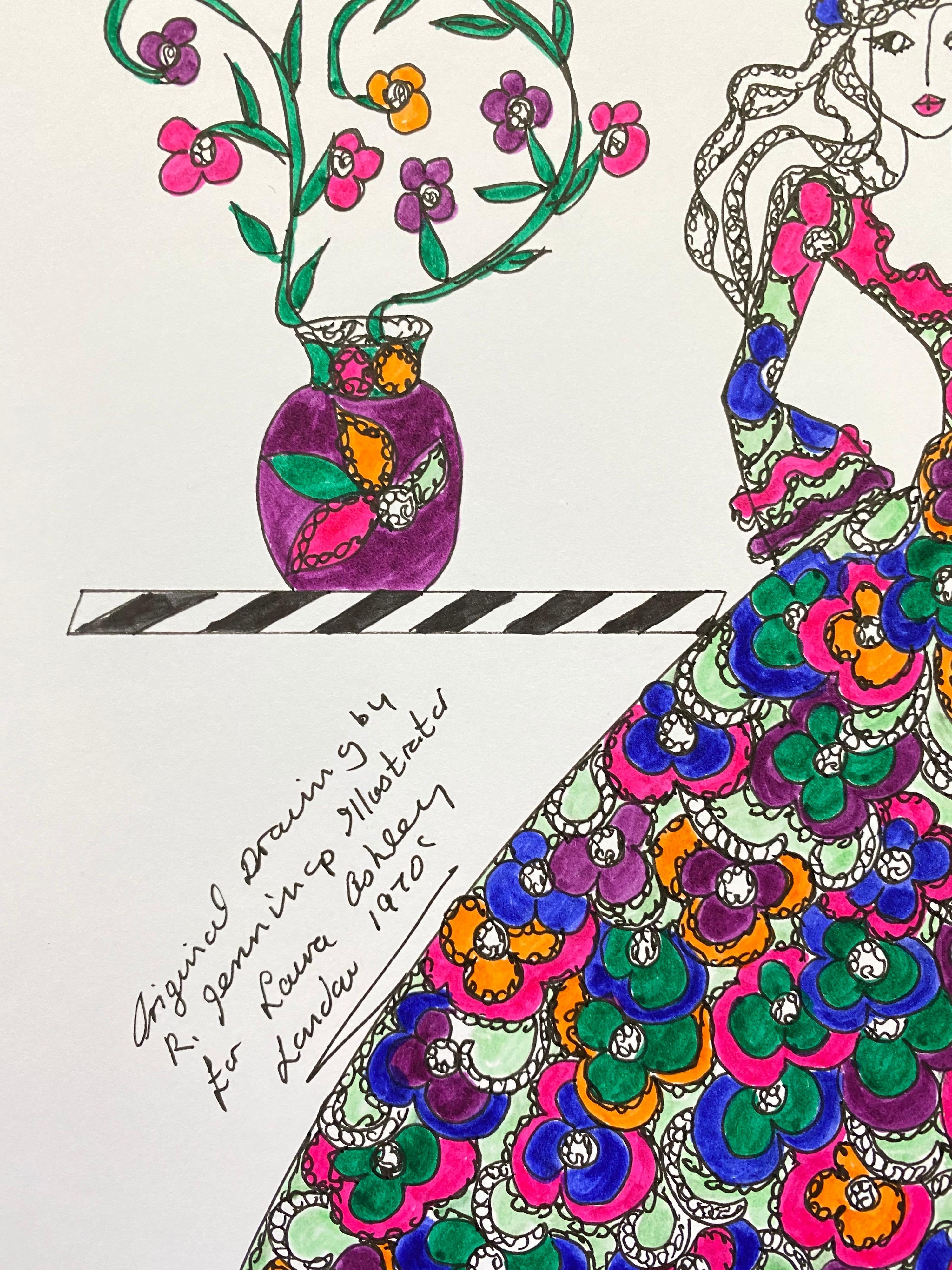 Original Fashion Design Illustration
by Roz Jennings, British
watercolor and ink on card, unframed
size: 12 x 8.25 inches
condition: very good

A beautifully colorful and characterful original artwork by British fashion designer, Roz Jennings.