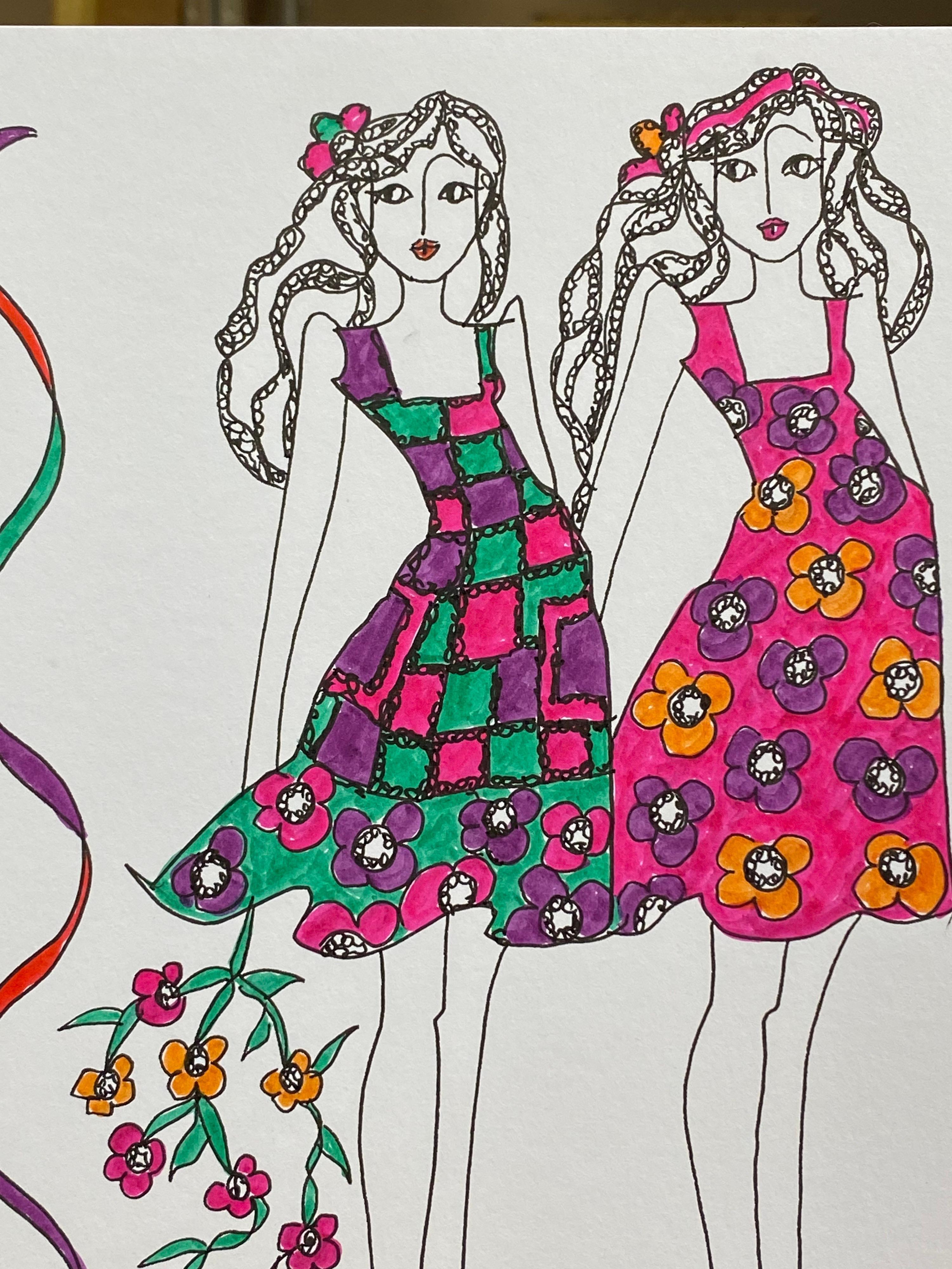 Original Fashion Design Illustration
by Roz Jennings, British
watercolor and ink on card, unframed
size: 12 x 8.25 inches
condition: very good

A beautifully colorful and characterful original artwork by British fashion designer, Roz Jennings.