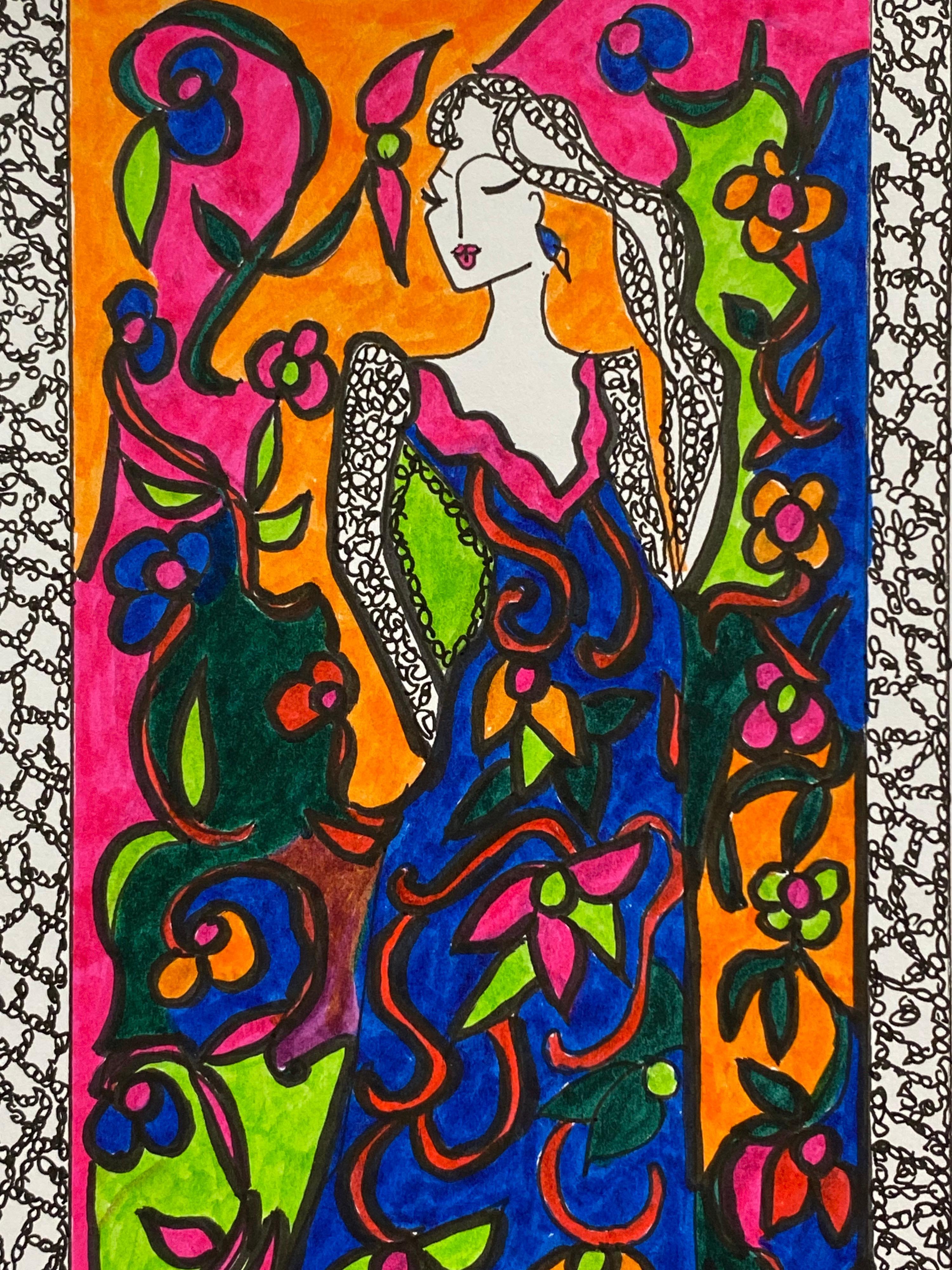 Original Fashion Design Illustration
by Roz Jennings, British
watercolor and ink on card, unframed
size: 12 x 8.25 inches
condition: very good

A beautifully colorful and characterful original artwork by British fashion designer, Roz Jennings.