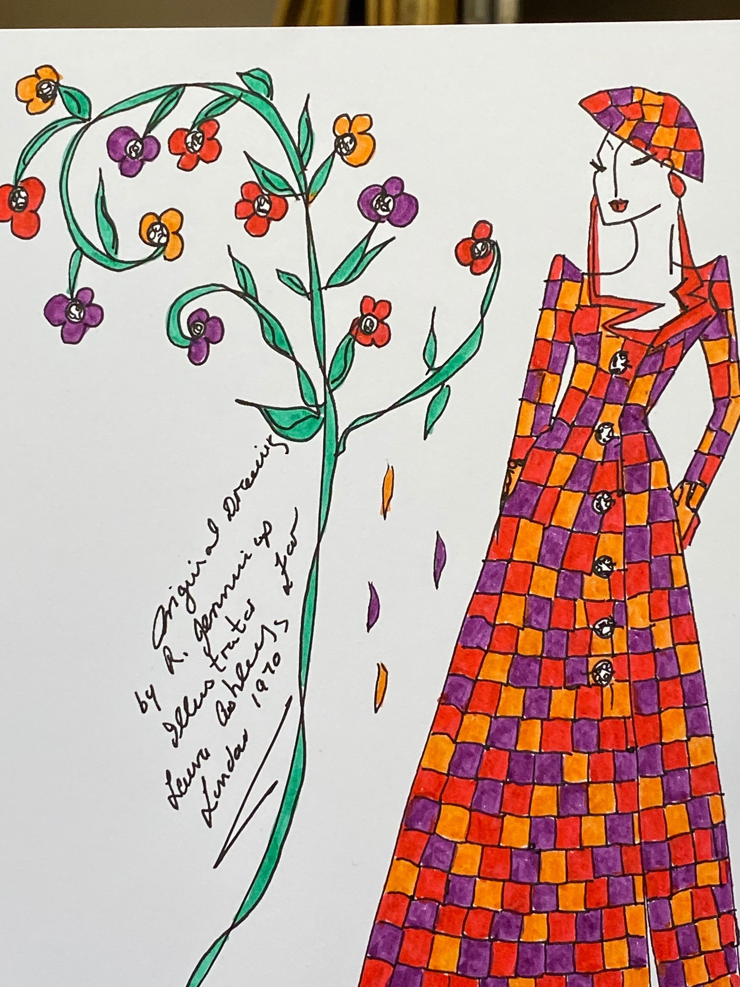 Original Fashion Design Illustration Watercolor Painting Laura Ashley Designer In Excellent Condition For Sale In Cirencester, GB