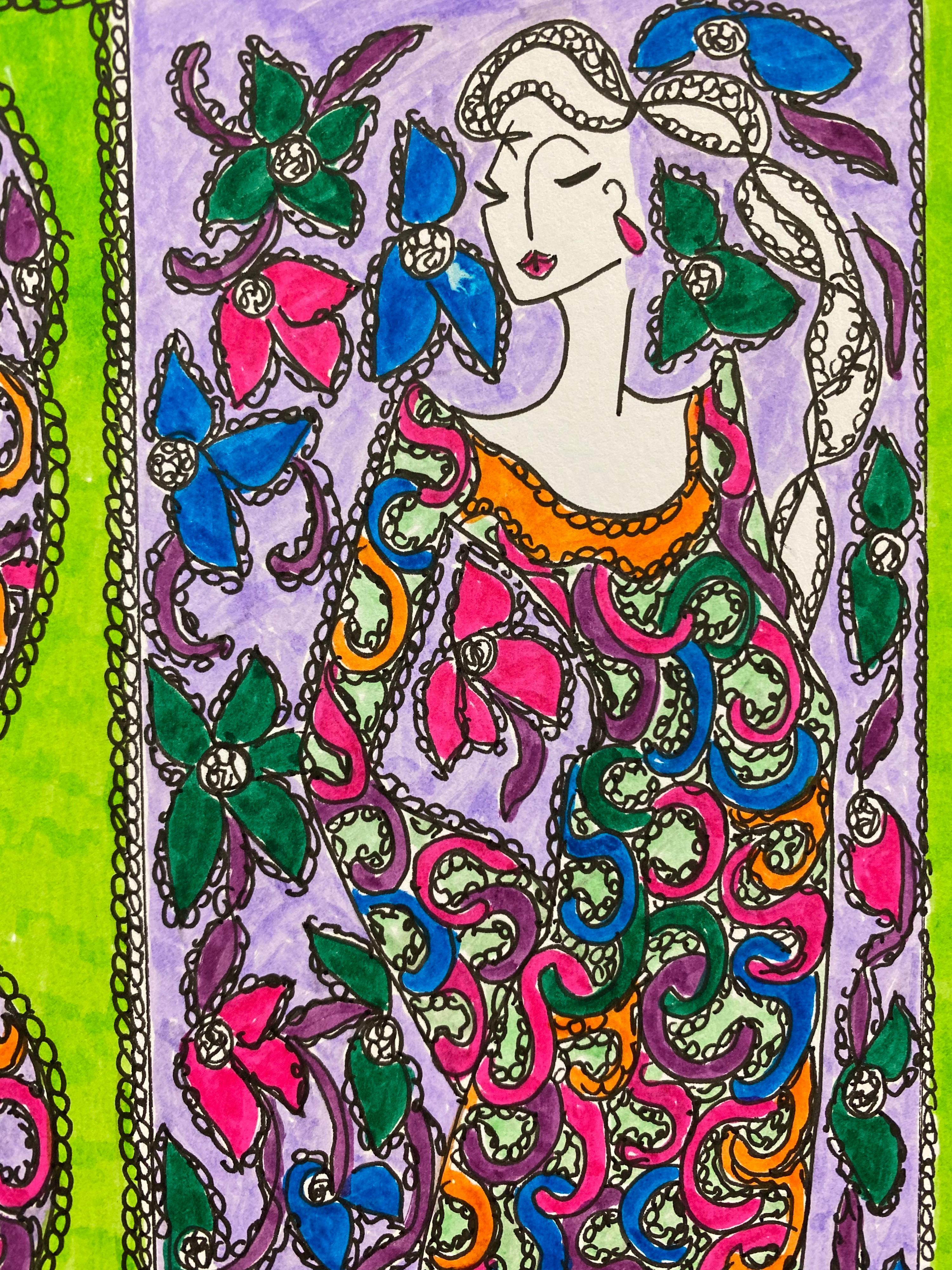 Illustration de mode originale à l'aquarelle - Peinture à l'aquarelle - Laura Ashley Designer Excellent état - En vente à Cirencester, GB