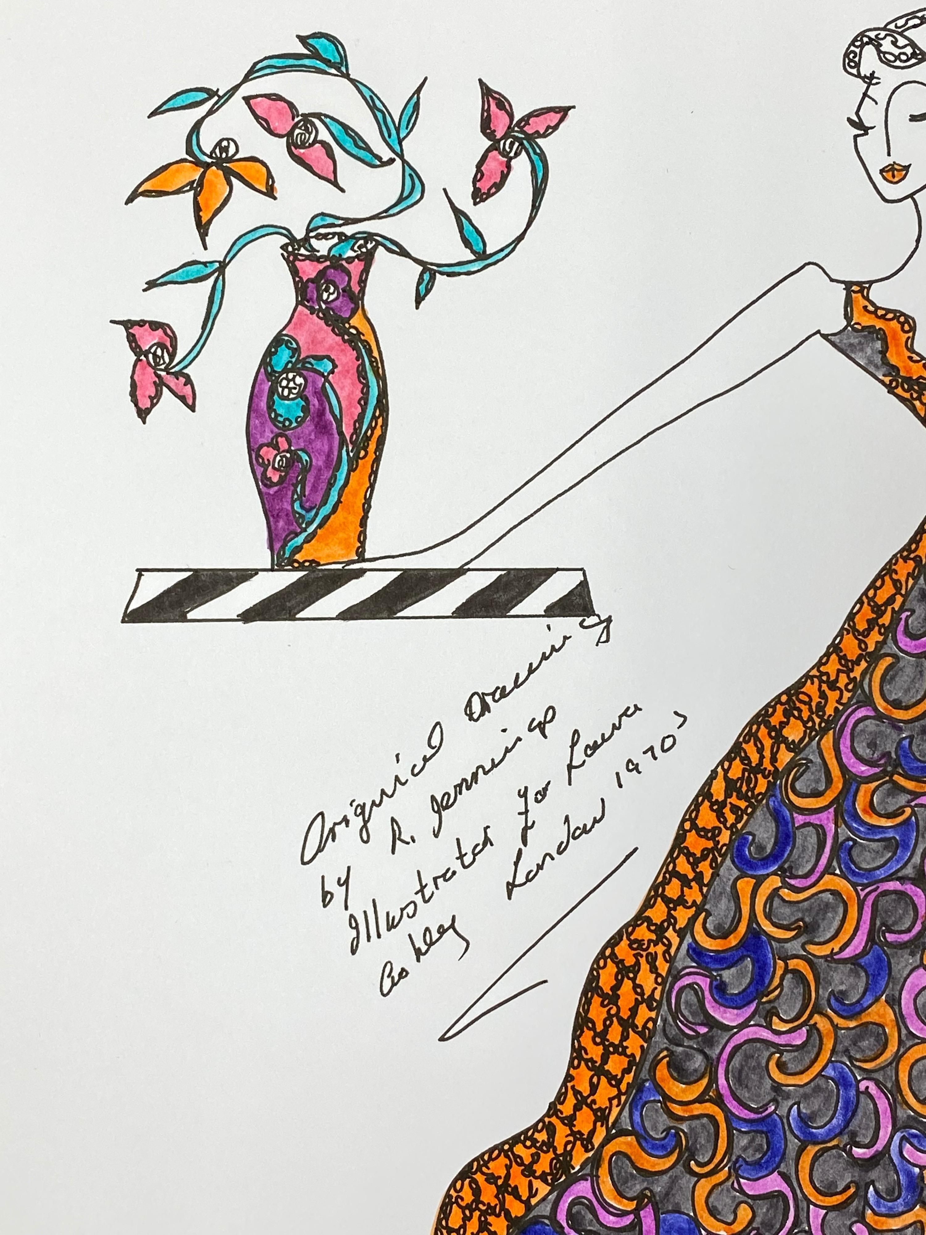 20th Century Original Fashion Design Illustration Watercolor Painting Laura Ashley Designer For Sale