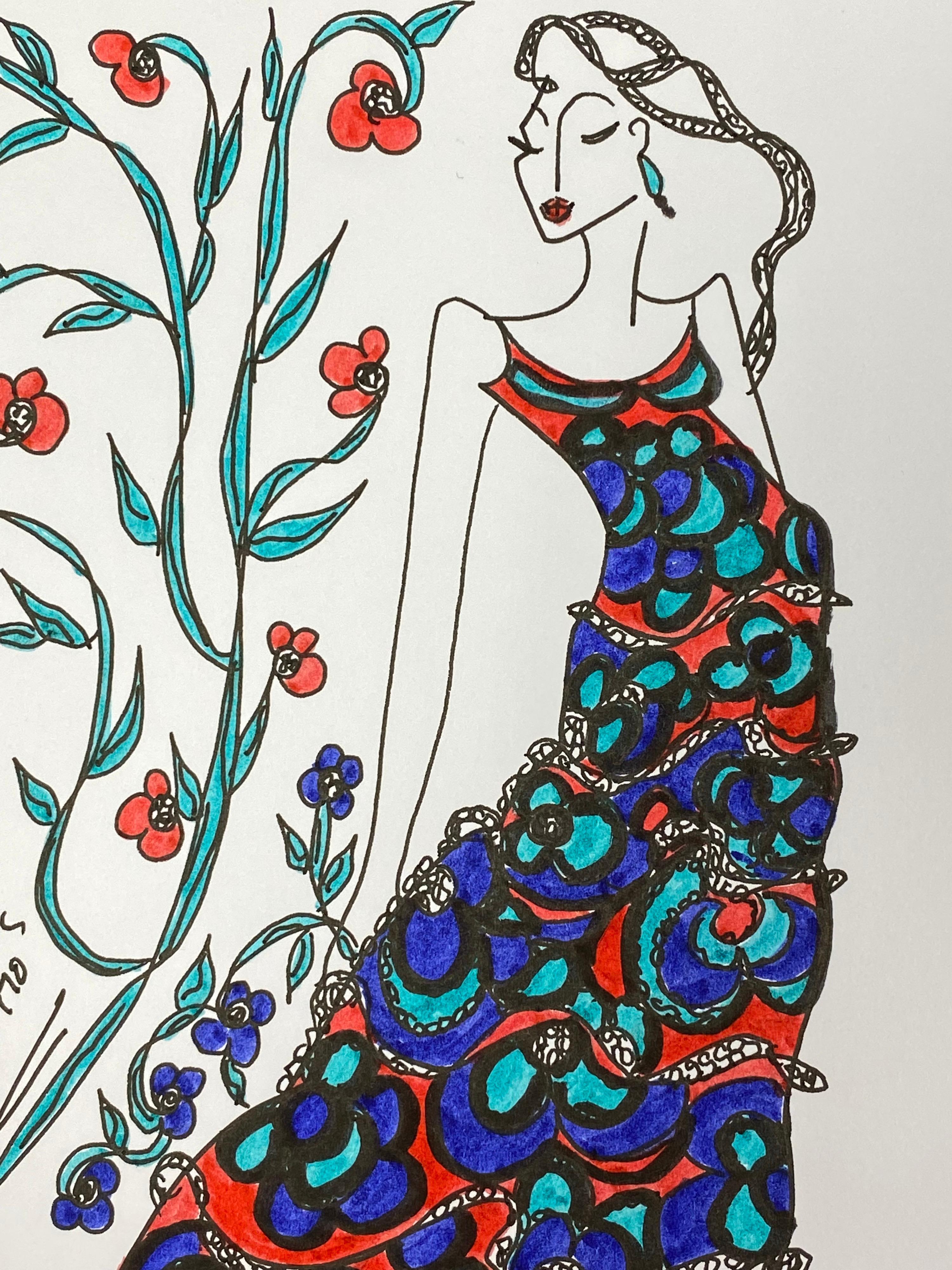 20th Century Original Fashion Design Illustration Watercolor Painting Laura Ashley Designer For Sale