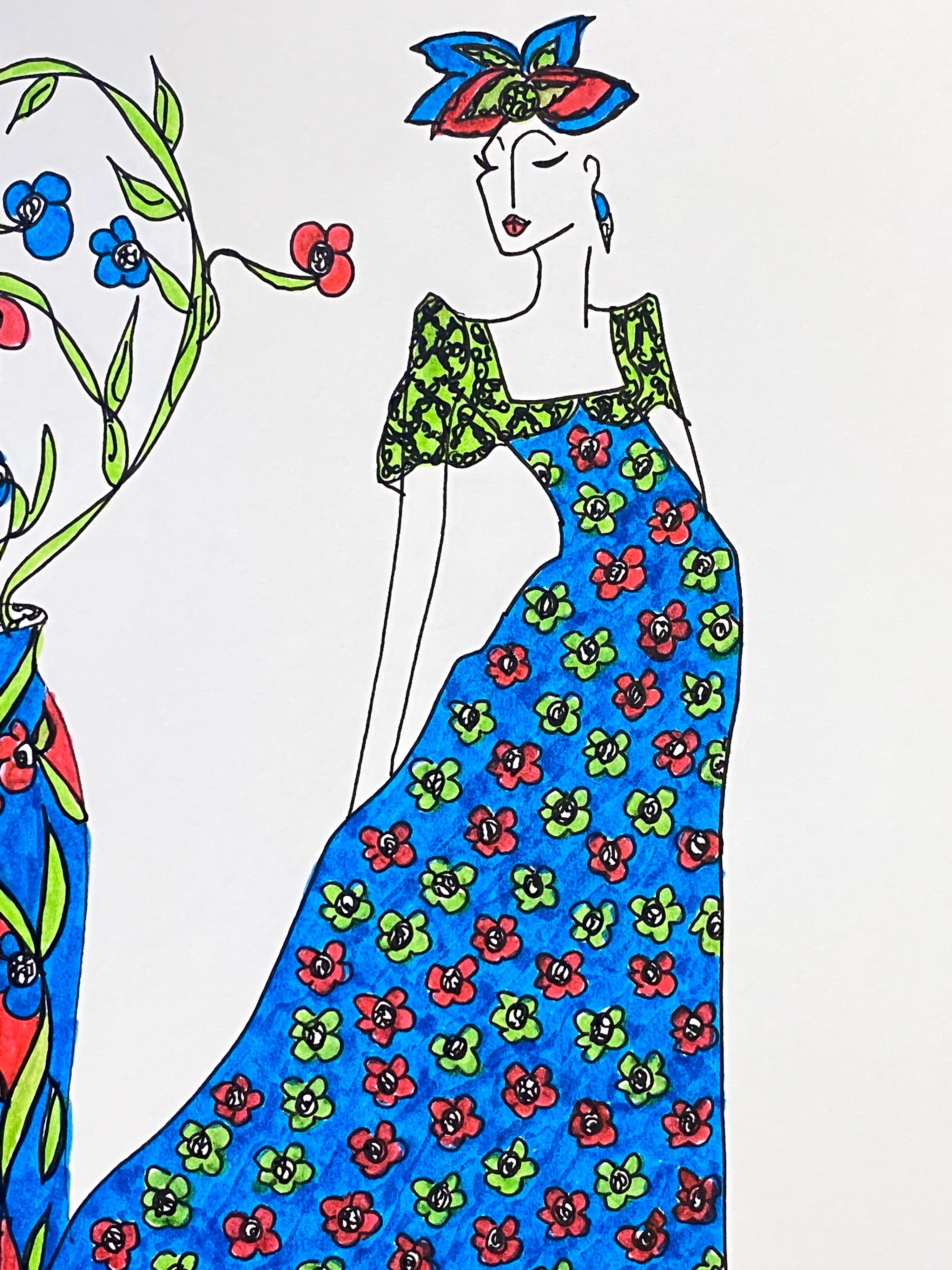 Original Fashion Design Illustration Watercolor Painting Laura Ashley Designer In Excellent Condition For Sale In Cirencester, GB