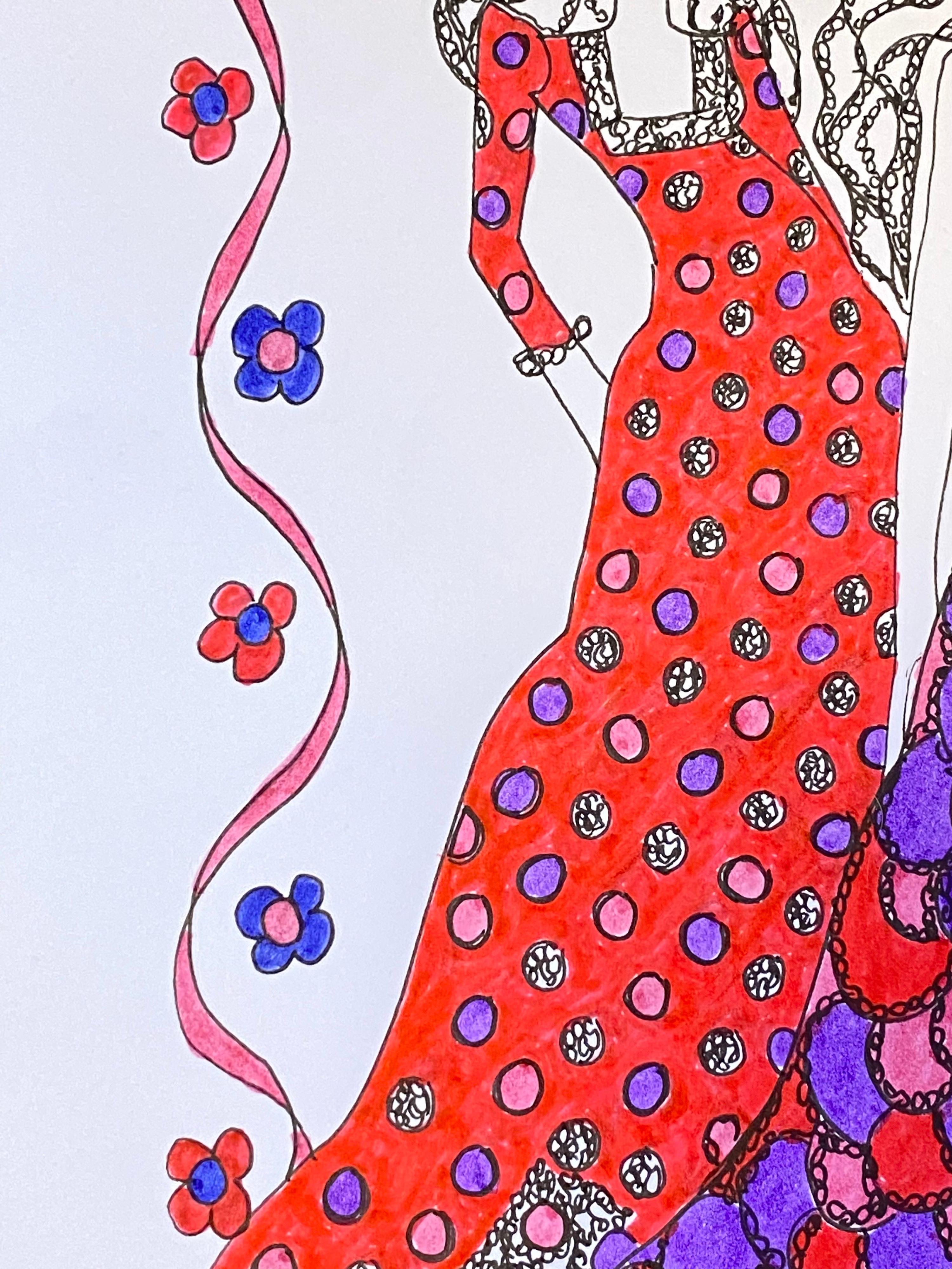 20th Century Original Fashion Design Illustration Watercolor Painting Laura Ashley Designer For Sale
