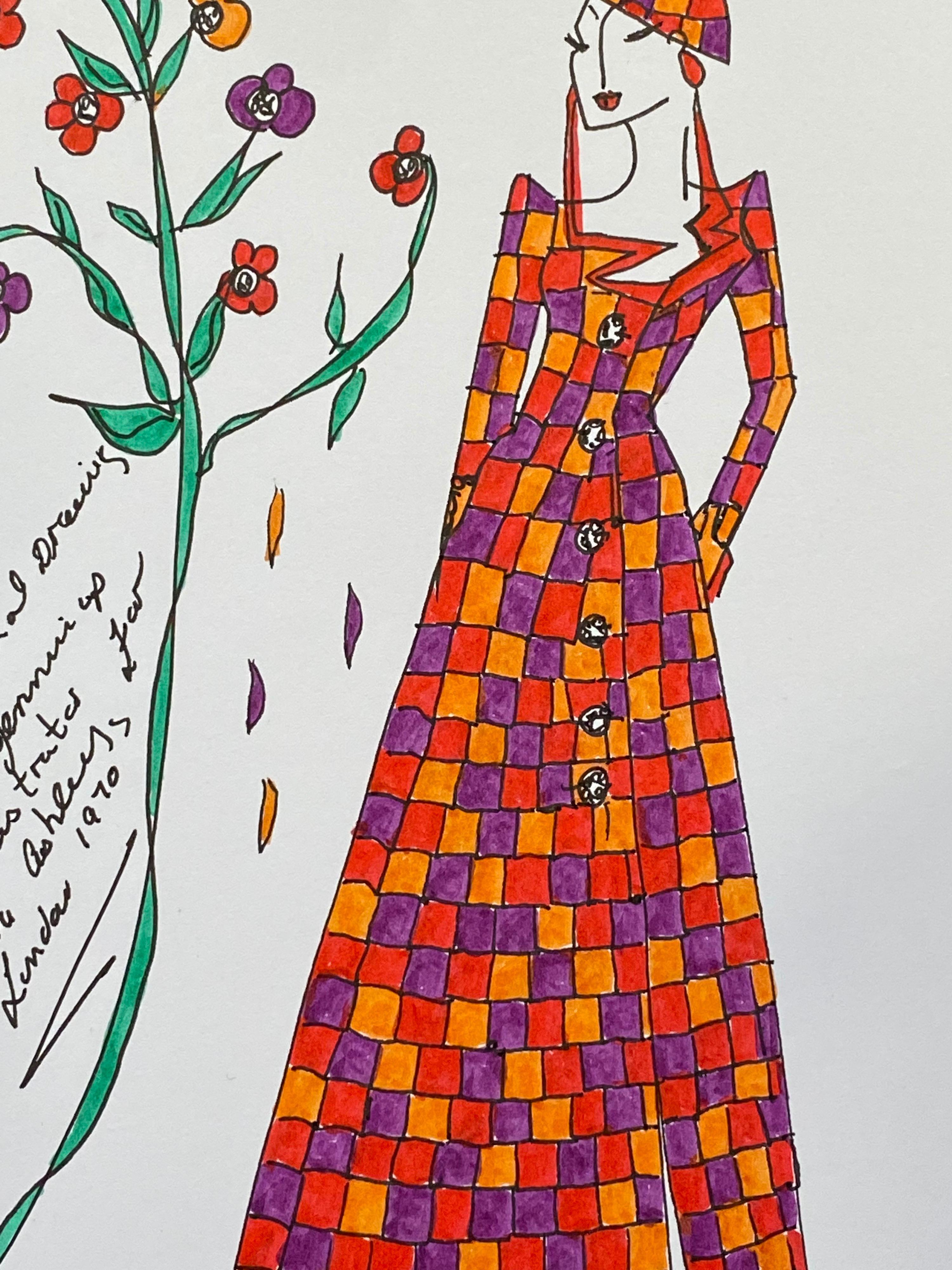 20th Century Original Fashion Design Illustration Watercolor Painting Laura Ashley Designer For Sale