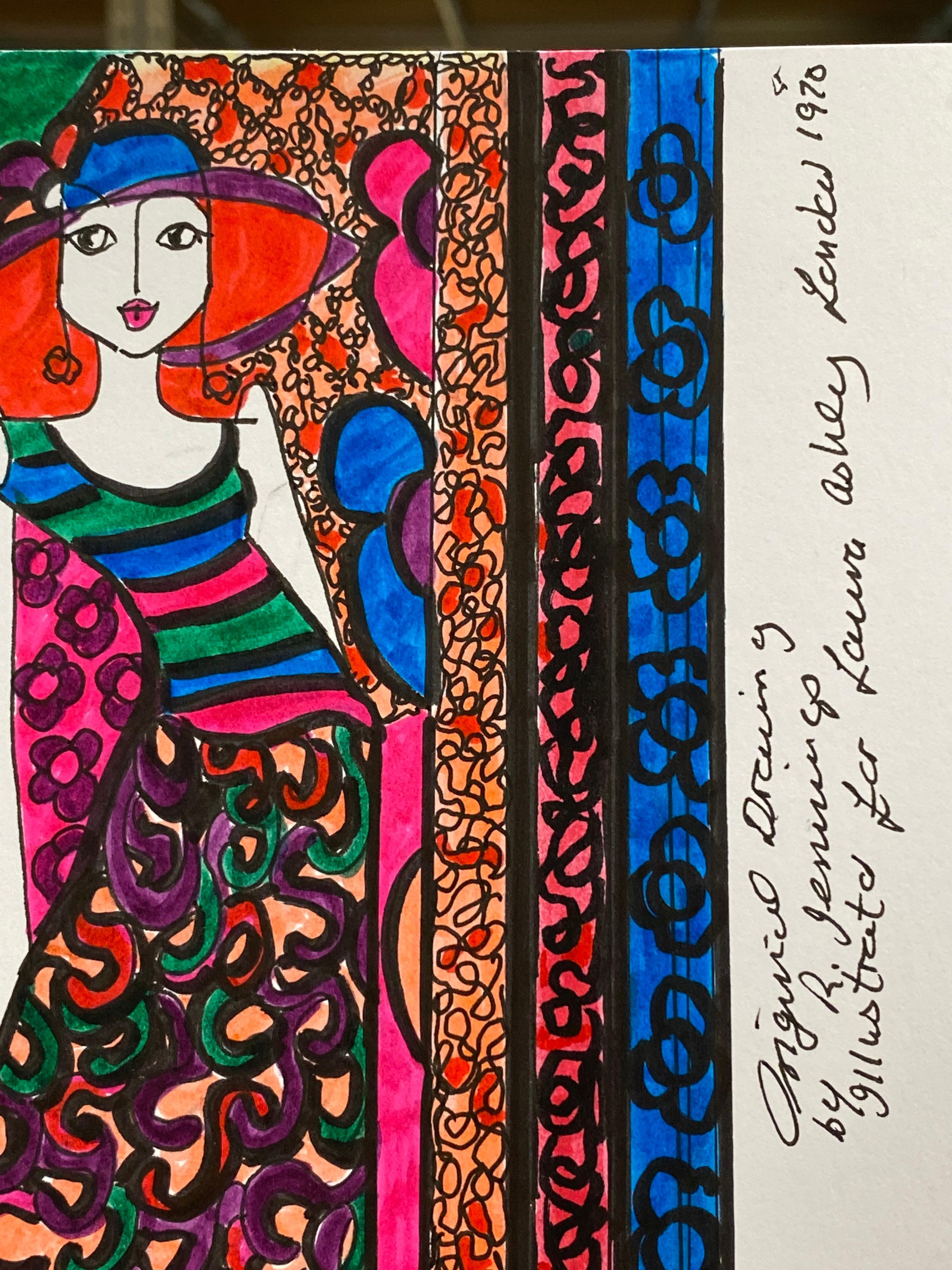 Original Fashion Design Illustration Watercolor Painting Laura Ashley Designer In Excellent Condition For Sale In Cirencester, GB