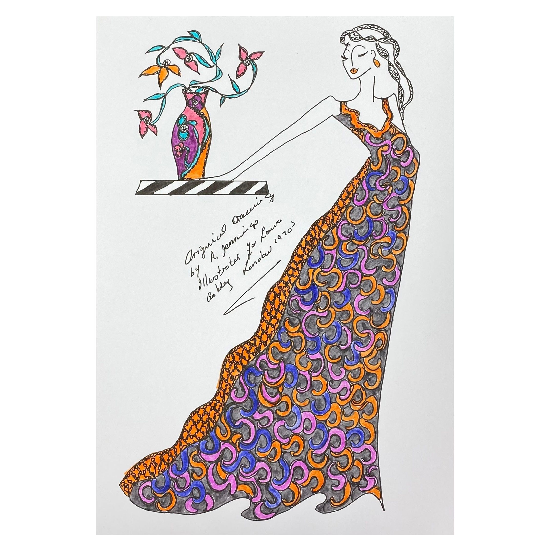Disegno di moda originale Illustrazione ad acquerello Laura Ashley Designer in vendita