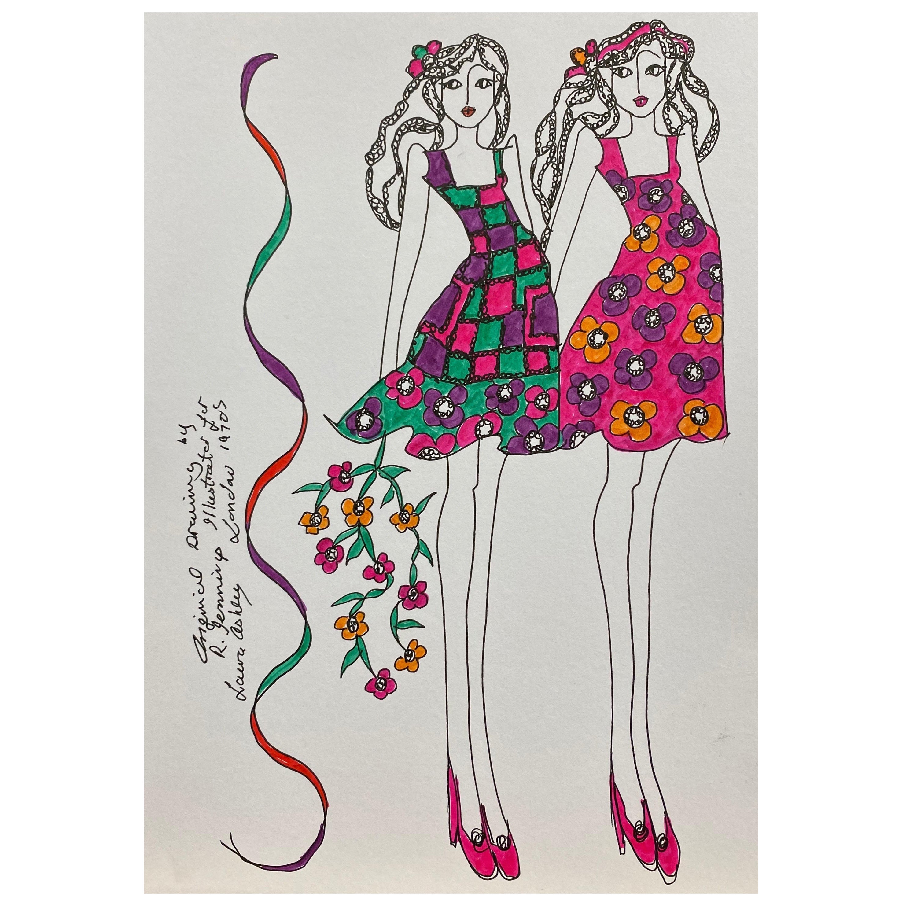 Illustration de mode originale à l'aquarelle - Peinture d'une créatrice Laura Ashley