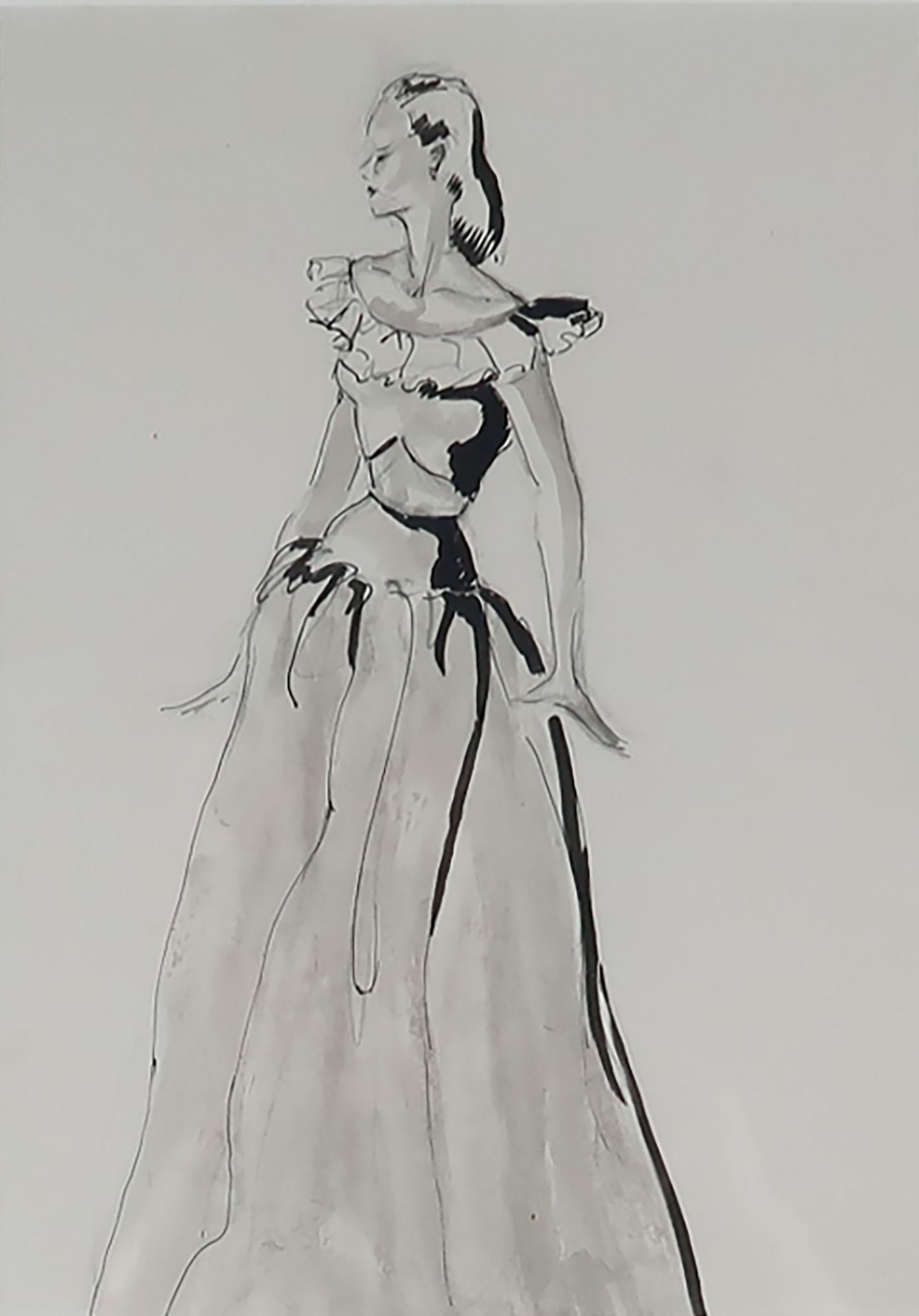 Mid-Century Modern Original Fashion Drawing, Pat Kerr, 1946