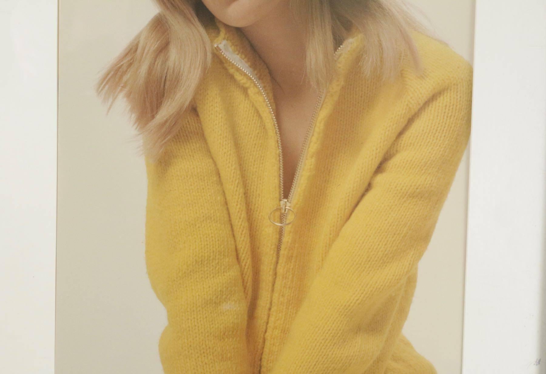 Original fashion photograph by photographer Robert Jean Chapuis, Paris, signed, representing a girl in a yellow sweater, circa 1970s.
Measures:
Without frame 49.5 cm x 35 cm,
with frame 68 cm x 54 cm.
  