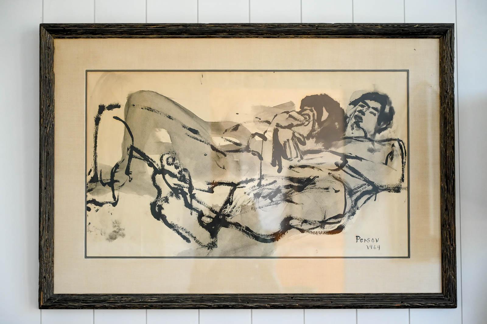 Mid-Century Modern Original Figurative Watercolor by Anne Marie Persov, 1964 For Sale