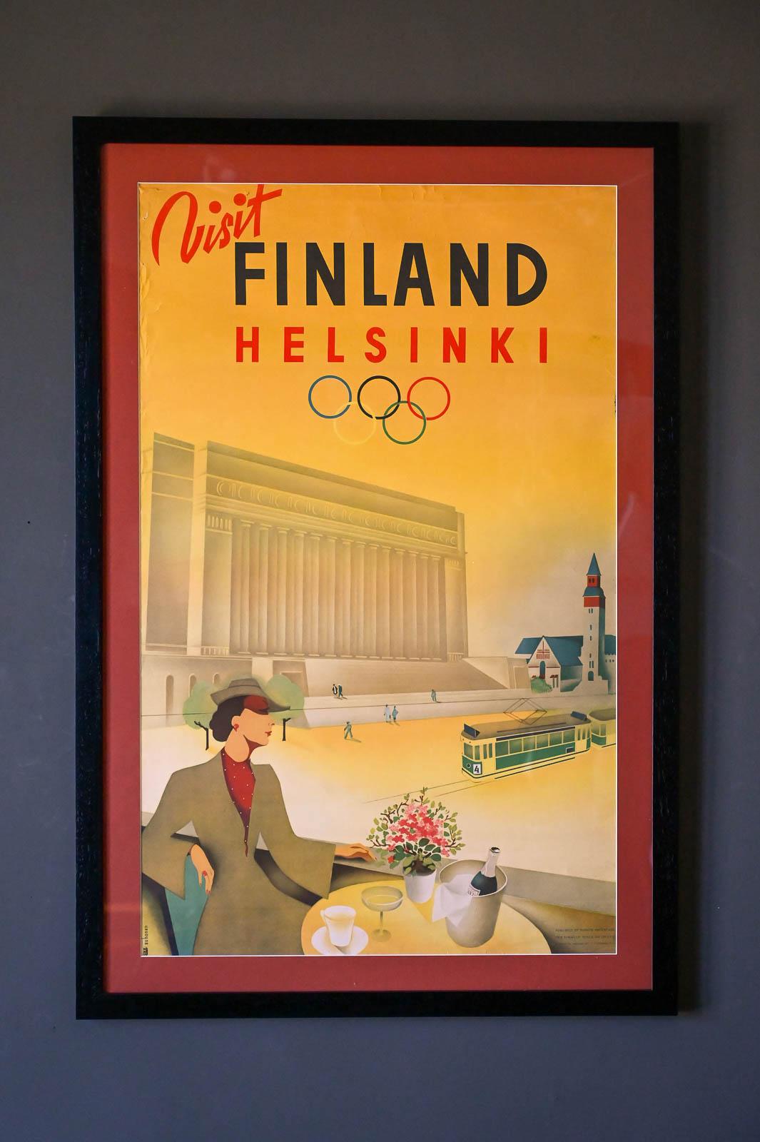 Original Finland travel poster by Jorma Suhonen (1911-1987), 1952 Fully expecting to host the Olympic Games in 1940, the Finnish Olympic advertising machine was in full gear. However, this image, depicting Helsinki's Parliament House and exhibiting