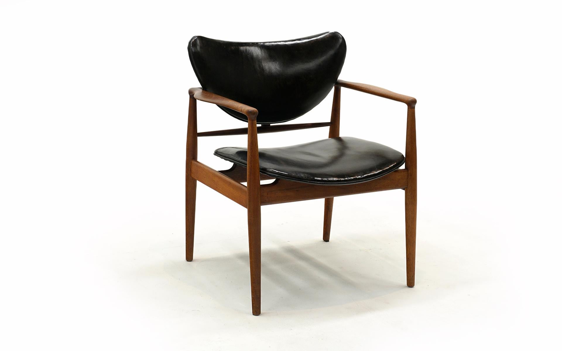 Scandinavian Modern Original Finn Juhl Model 48 Chair for Baker. Black Leather, Teak Frame. Signed.