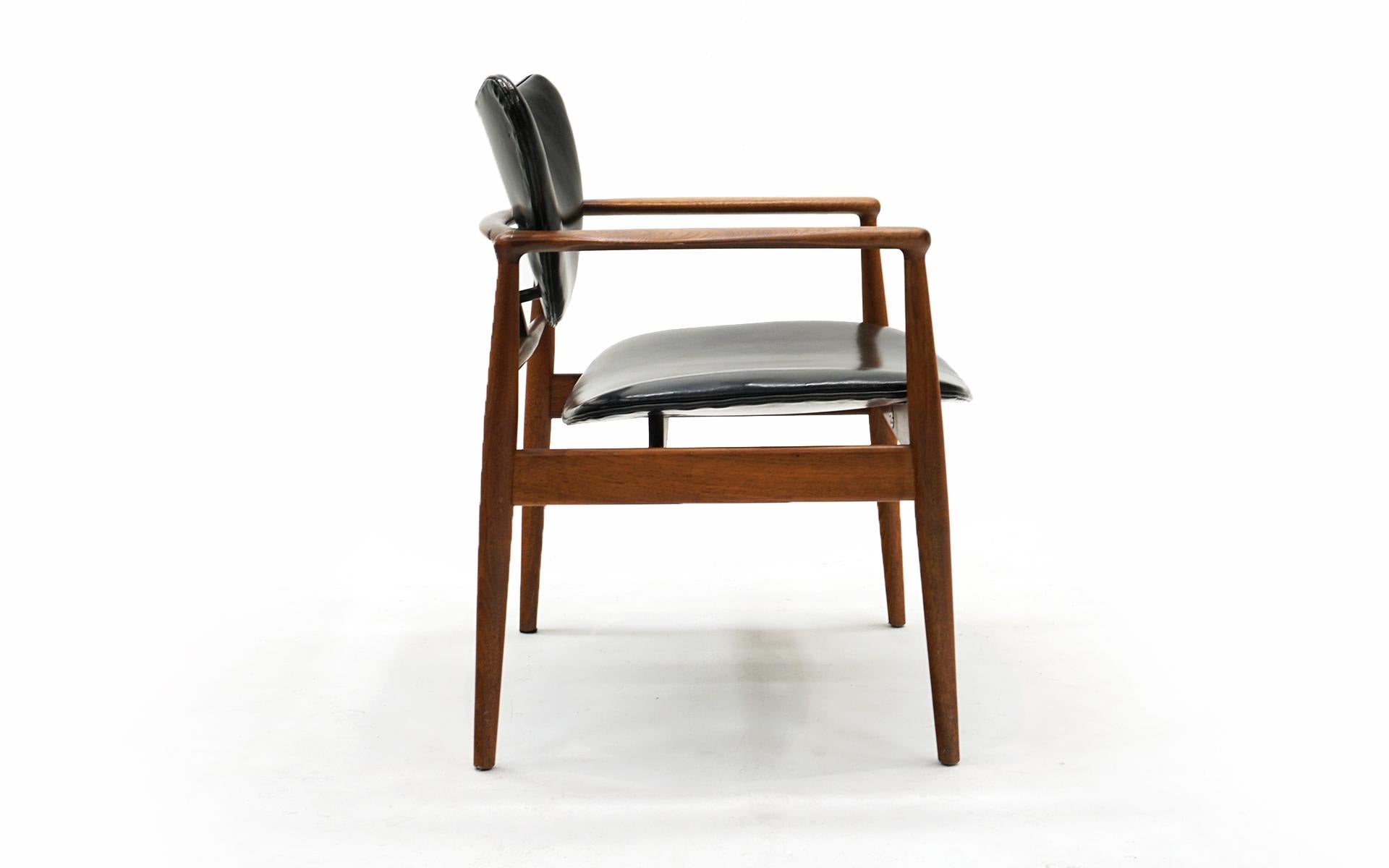 Mid-20th Century Original Finn Juhl Model 48 Chair for Baker. Black Leather, Teak Frame. Signed.