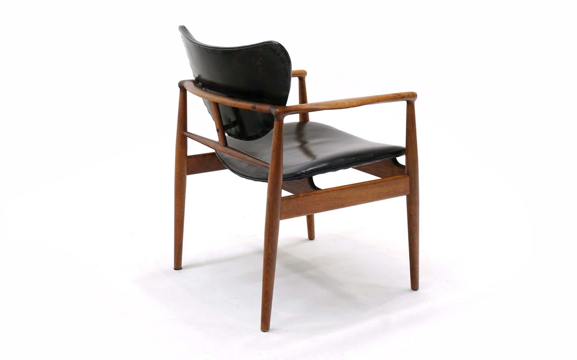 Original Finn Juhl Model 48 Chair for Baker. Black Leather, Teak Frame. Signed. 1
