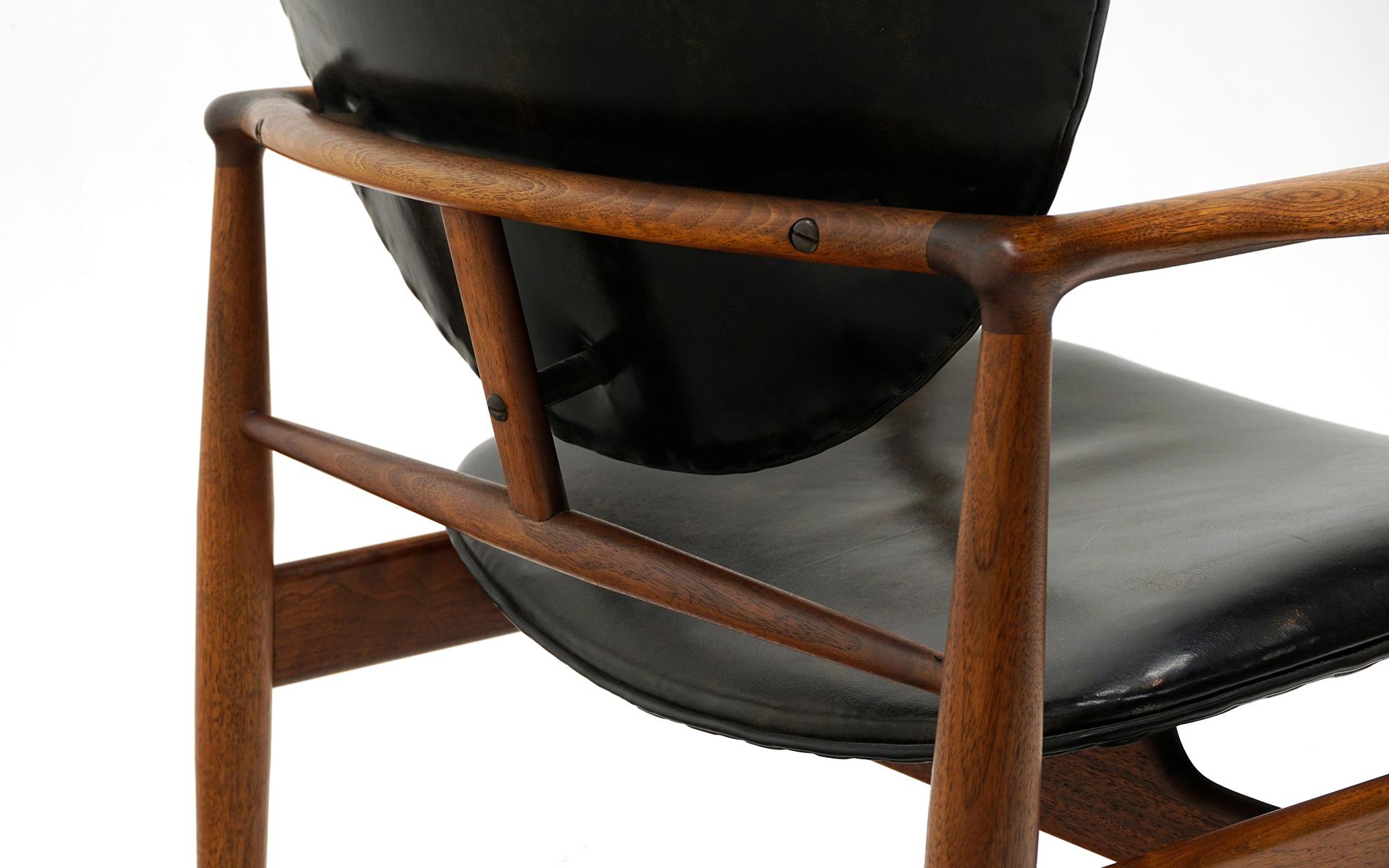 Original Finn Juhl Model 48 Chair for Baker. Black Leather, Teak Frame. Signed. 2