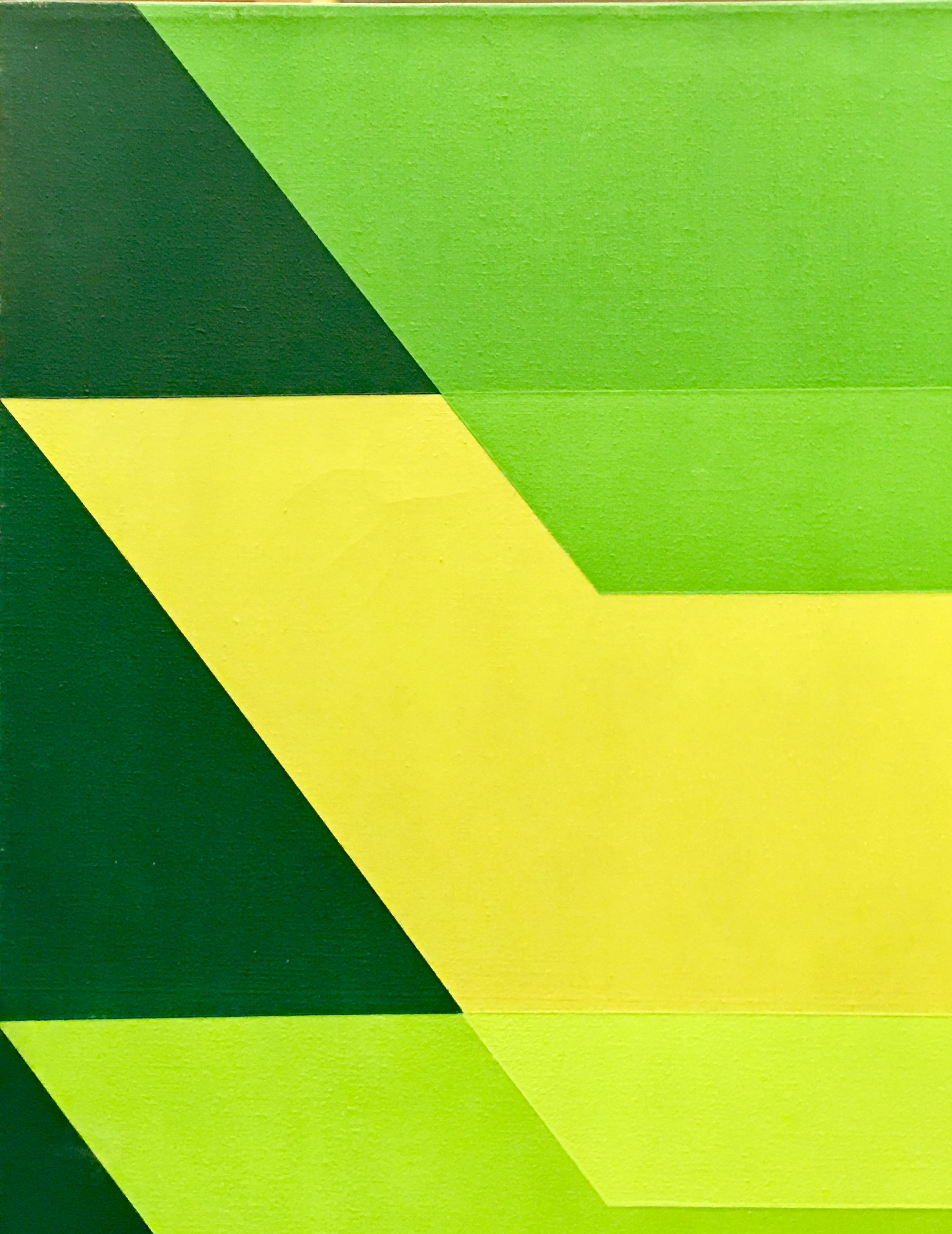 Geometric, hard edge, green-on-green, mid-century modern, original abstract acrylic painting on canvas by listed, deceased female California artist, Florence (“Flossie”) Maud Arnold (nee Millner) (1900-1994).  Painted in 1971. Inspired by abstract
