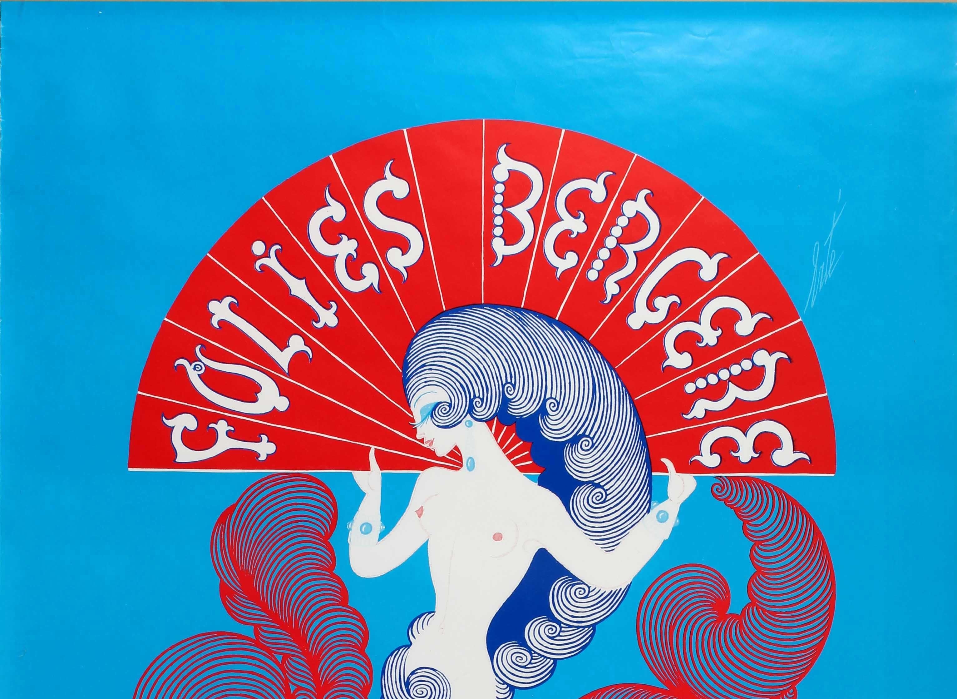 Original vintage advertising poster for the famous French cabaret music show Folies Bergere - The new revue by Helene Martini with direction, set design and costume by Michel Gyarmathy. Colourful illustration by the notable artist and designer Erte